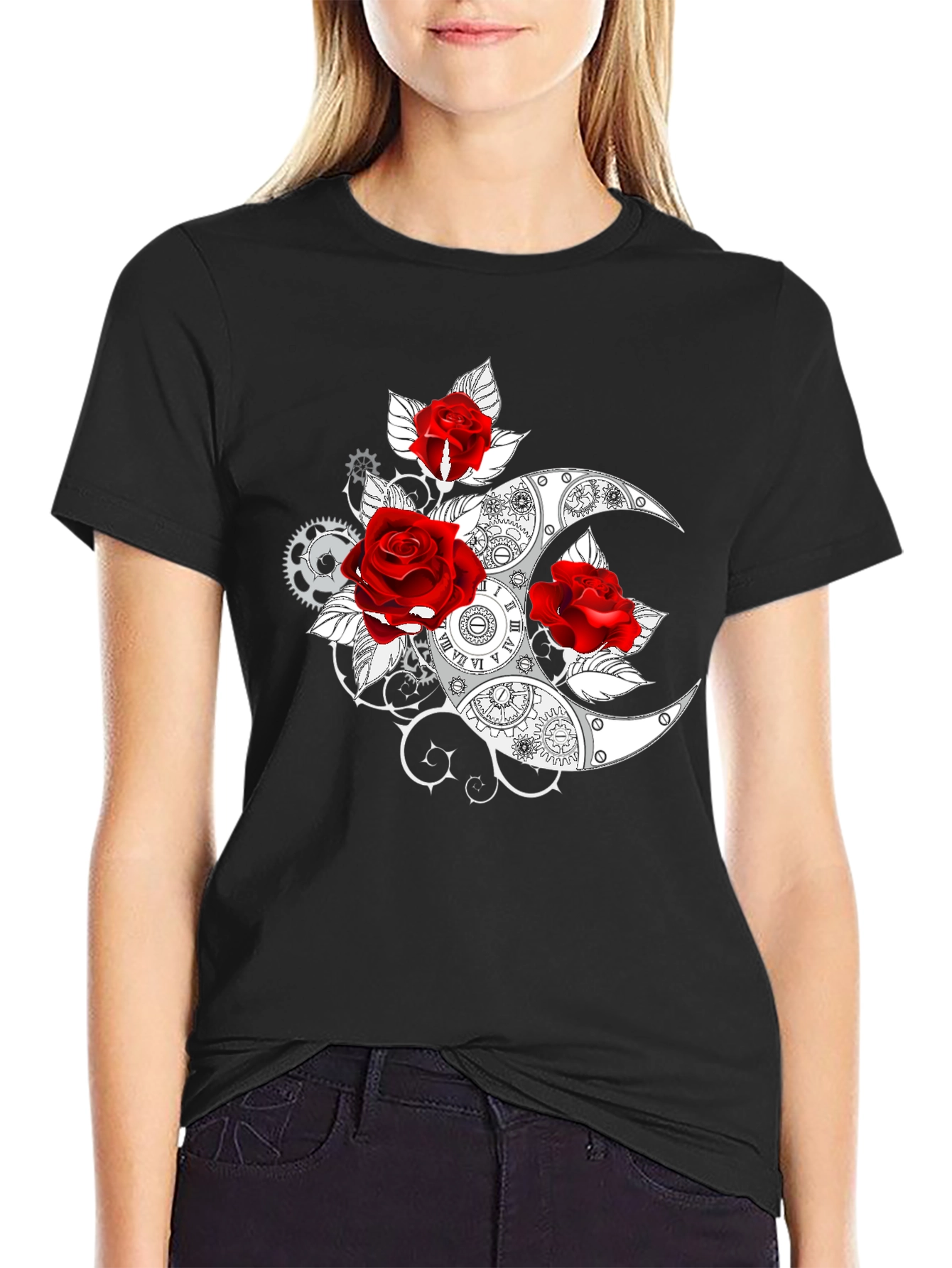 Steampunk Rose & Moon Graphic T-Shirt