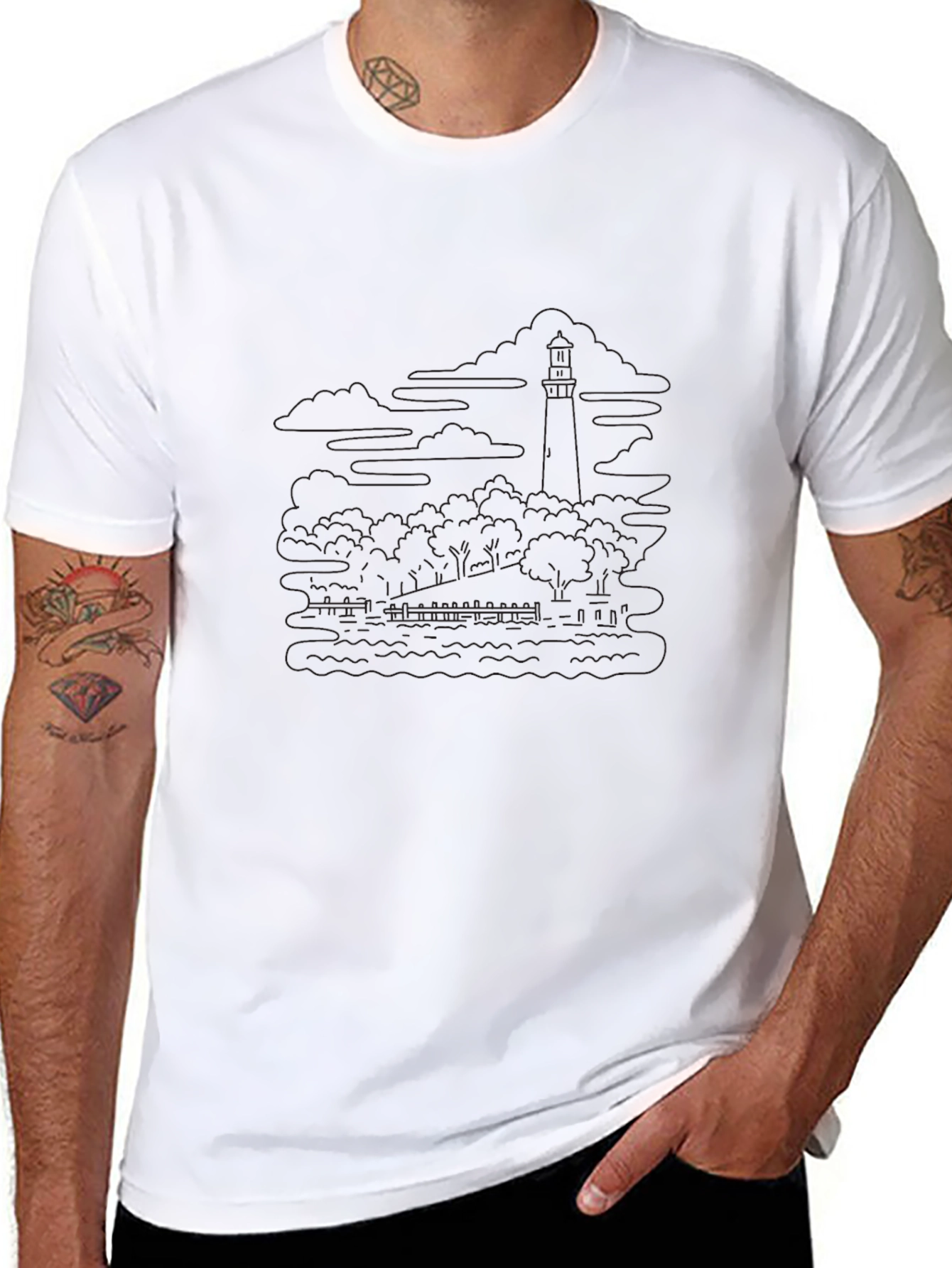 Mens Black Lighthouse Graphic Tee - Coastal Style