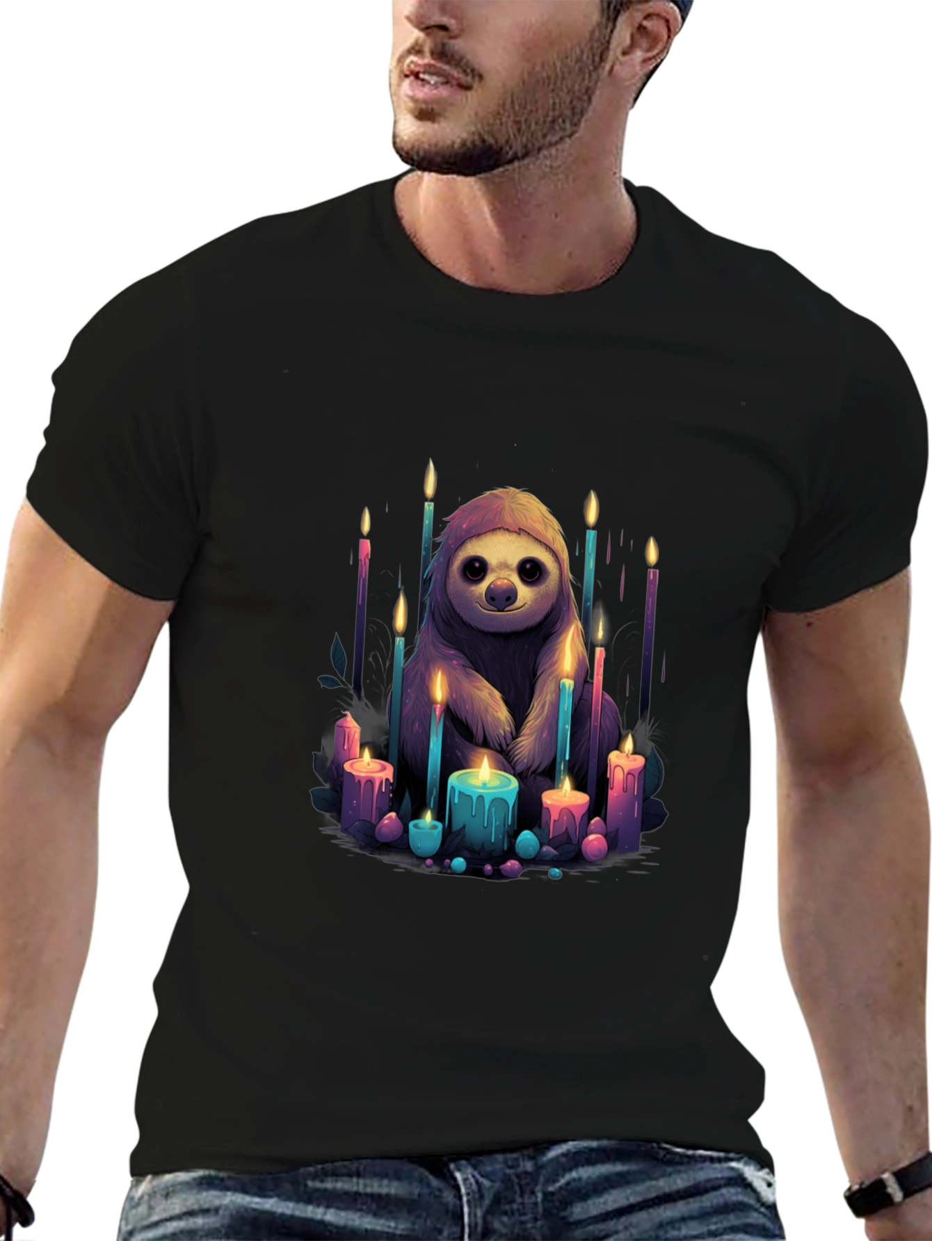 Sloth & Candles Graphic Black T-Shirt