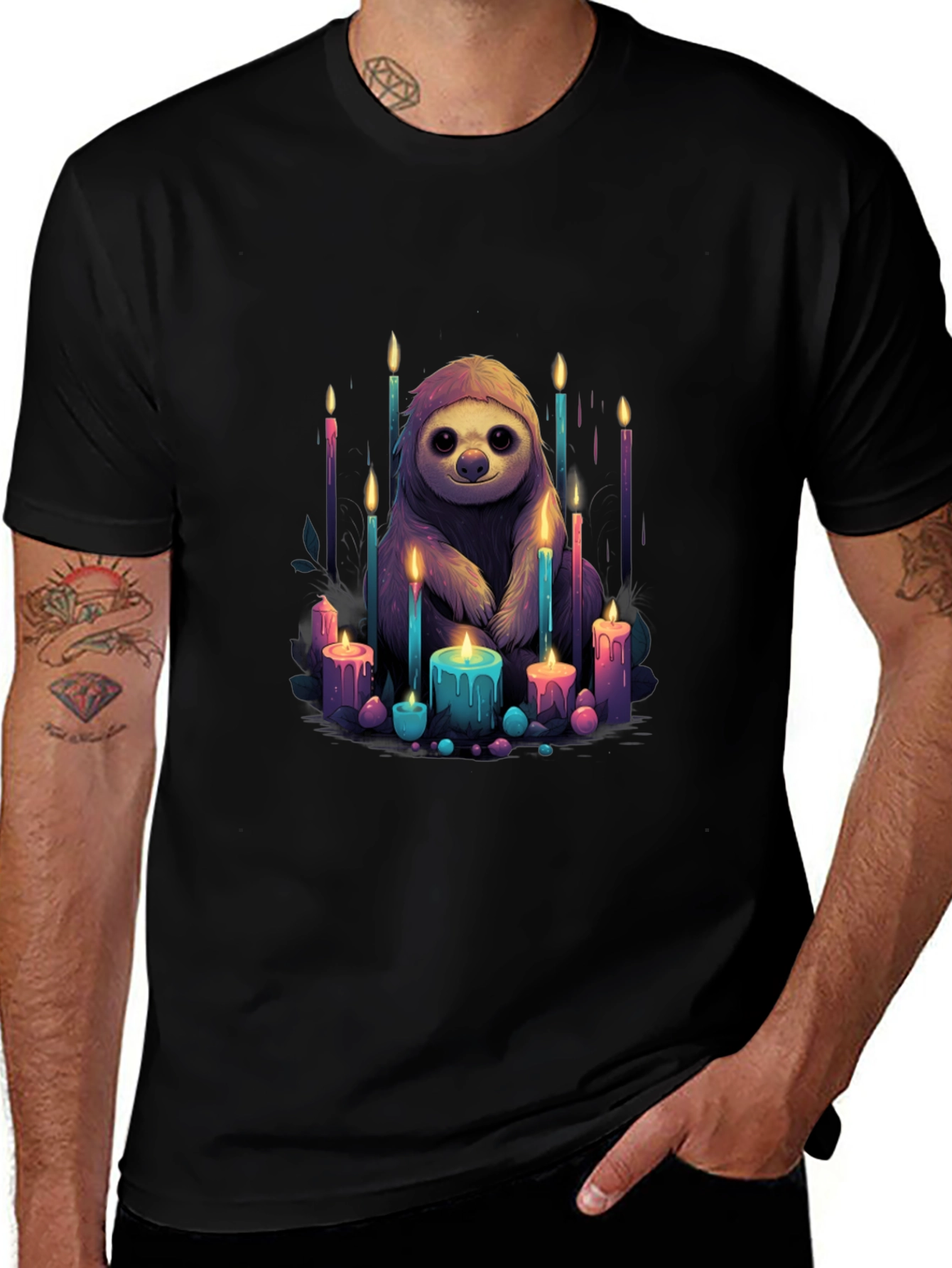 Sloth & Candles Graphic Black T-Shirt