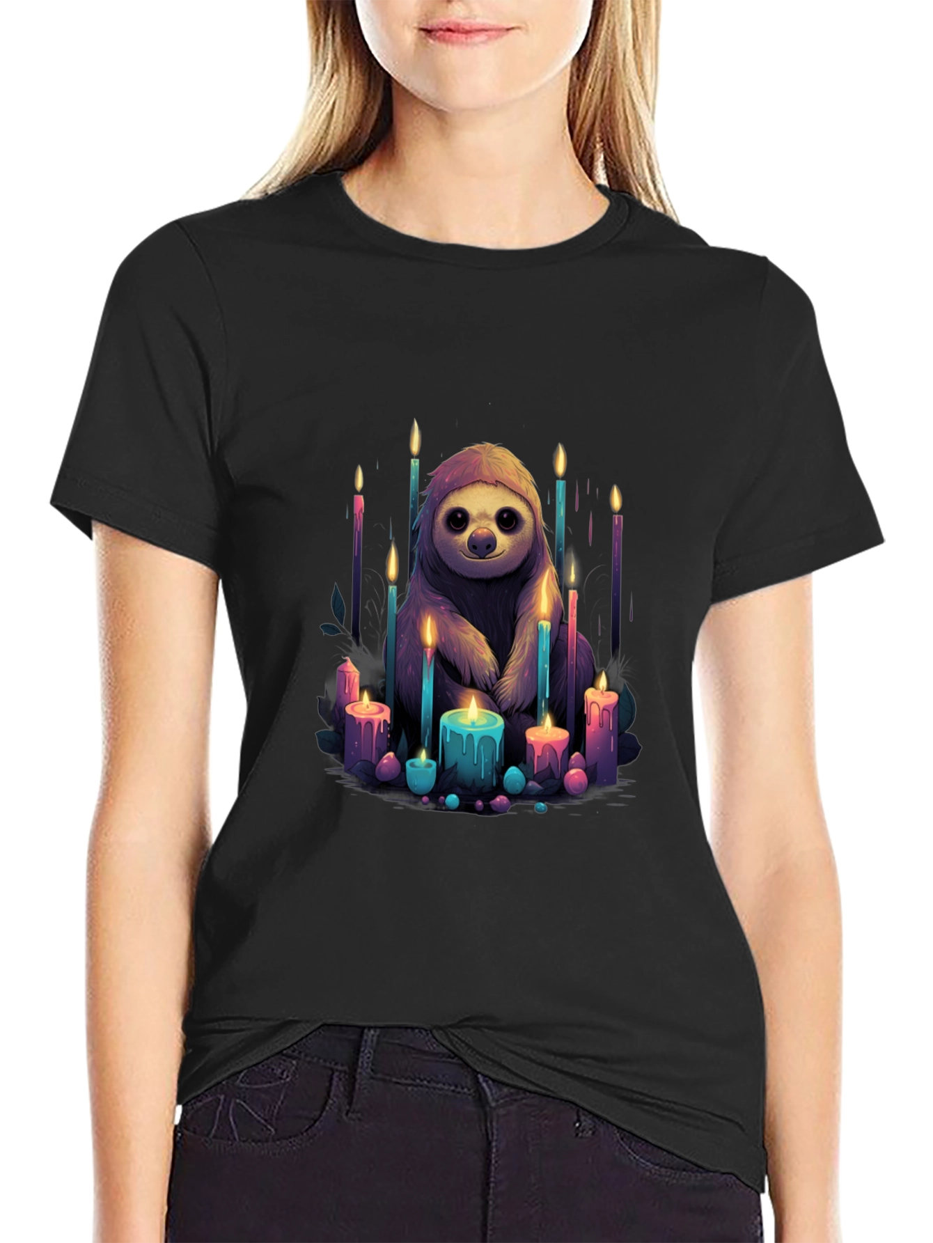 Sloth & Candles Graphic Black T-Shirt