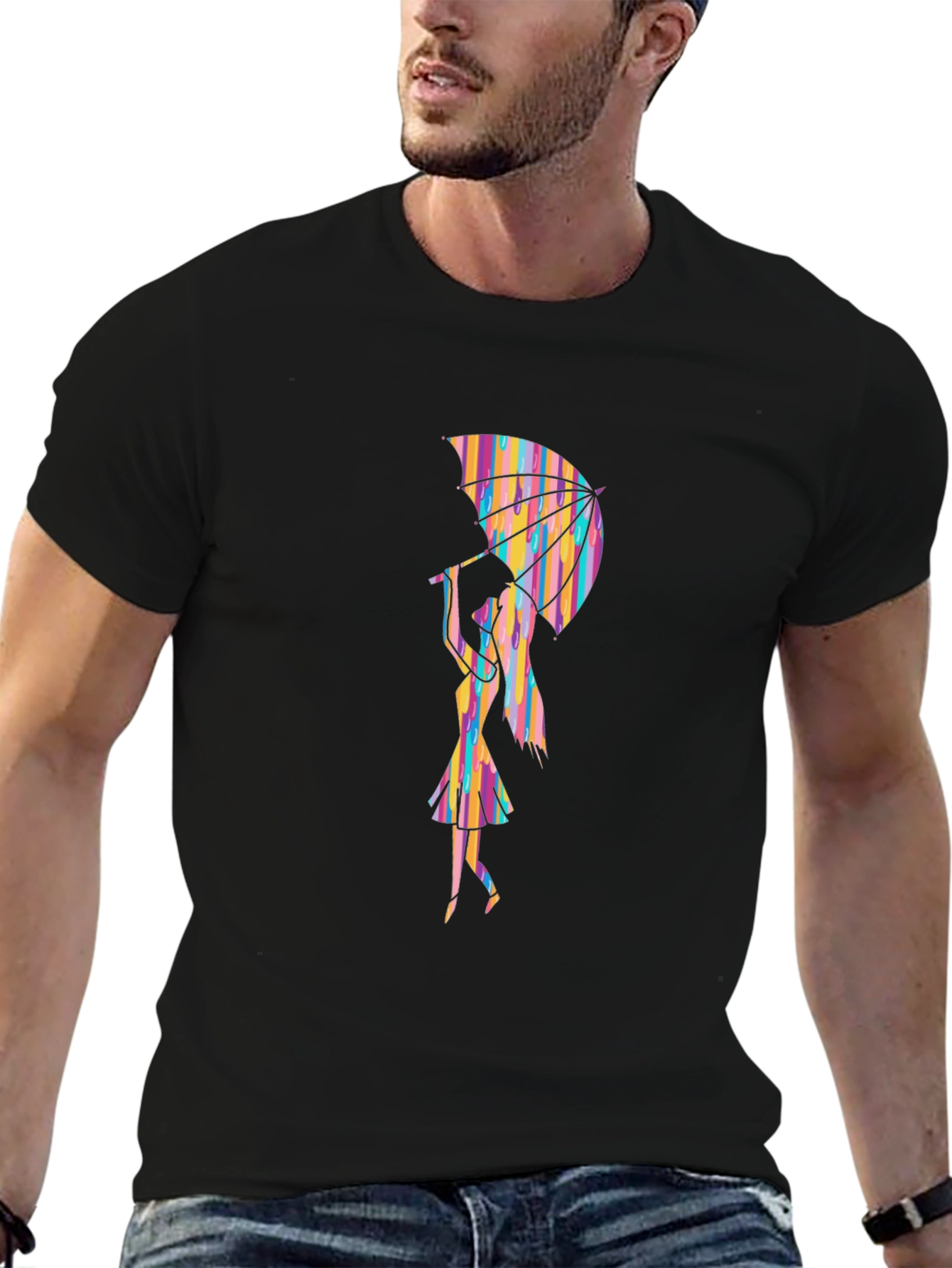 Rainbow Umbrella Graphic Tee - Stylish Black T-Shirt