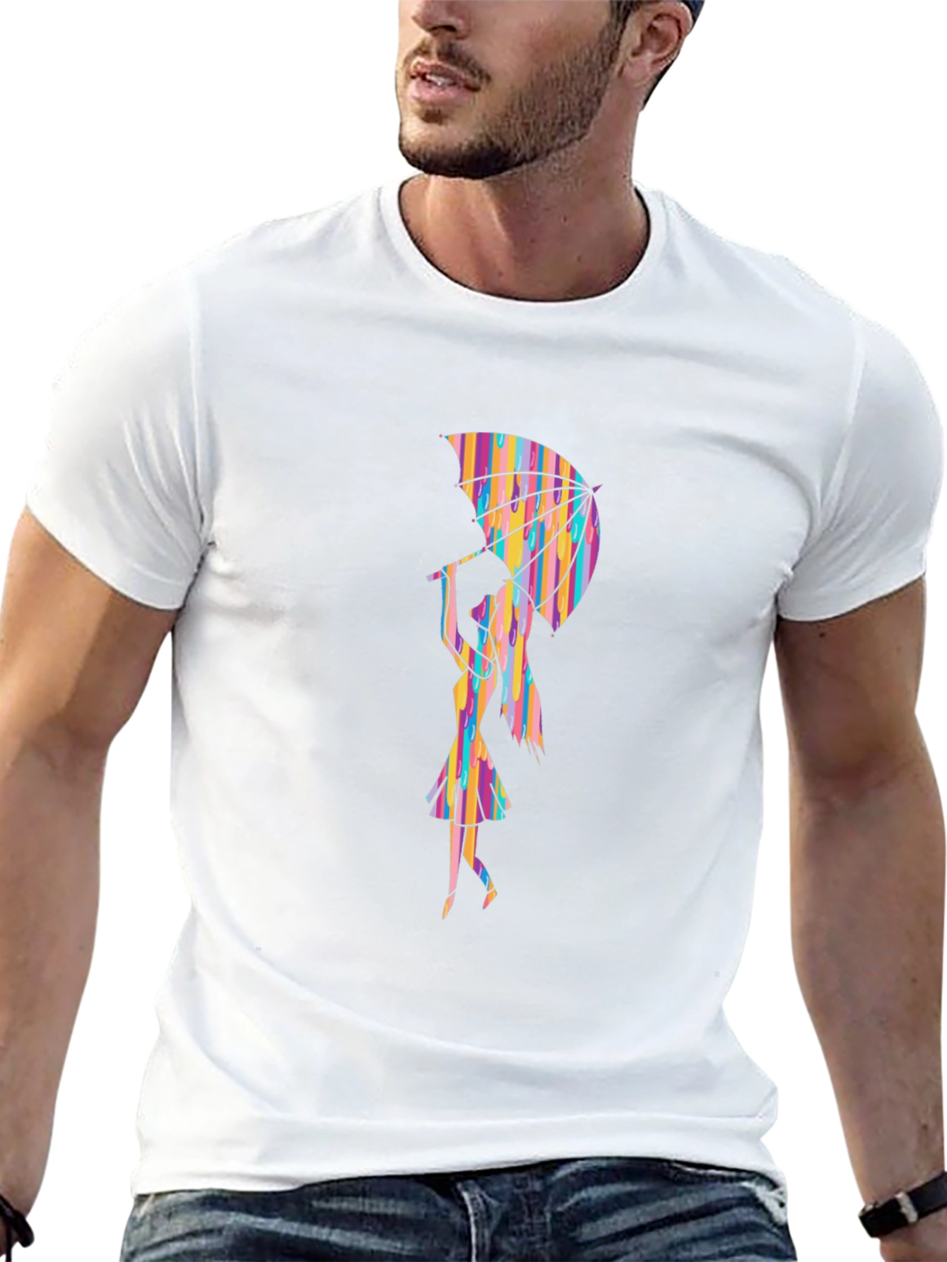 Rainbow Umbrella Graphic Tee - Stylish Black T-Shirt
