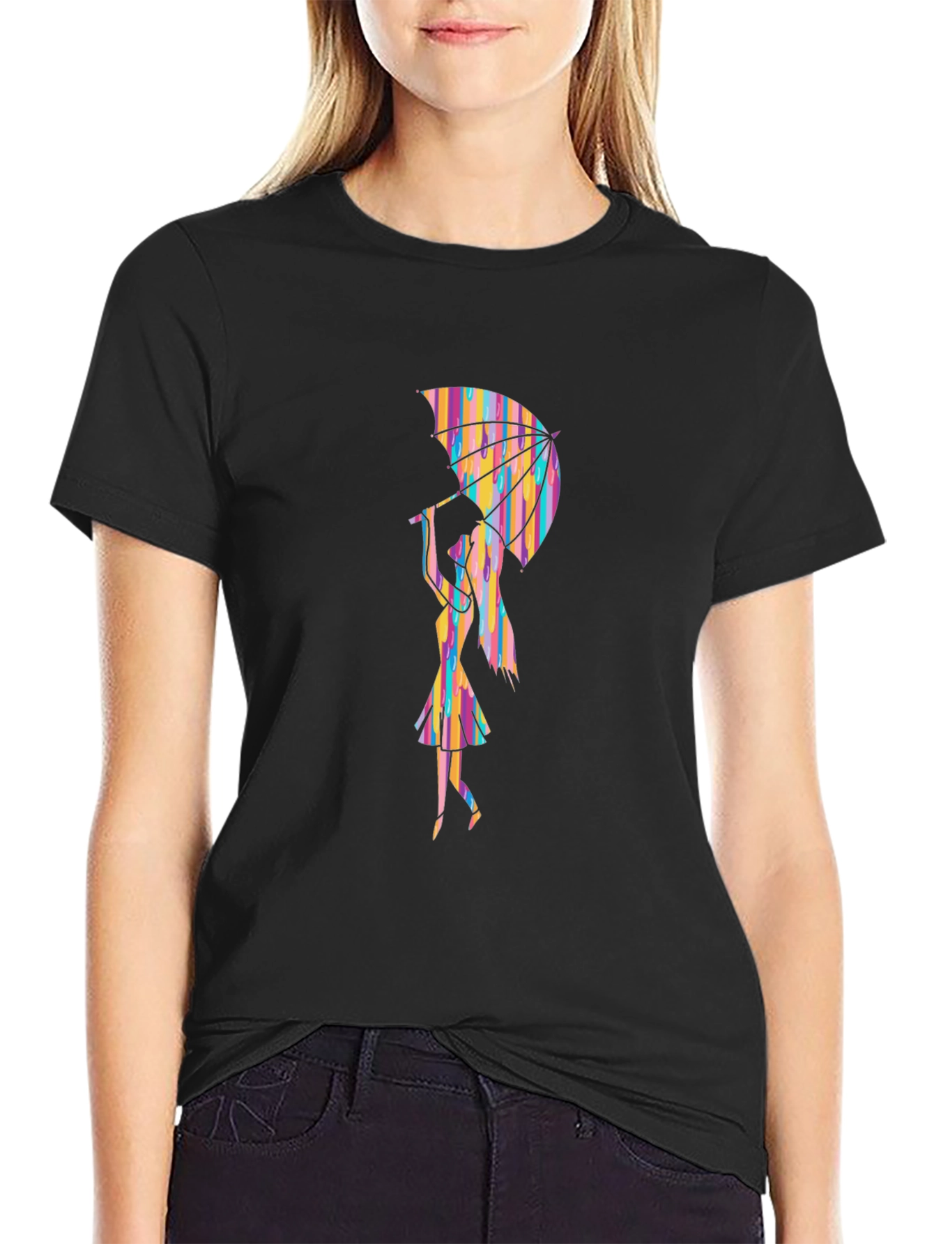 Rainbow Umbrella Graphic Tee - Stylish Black T-Shirt