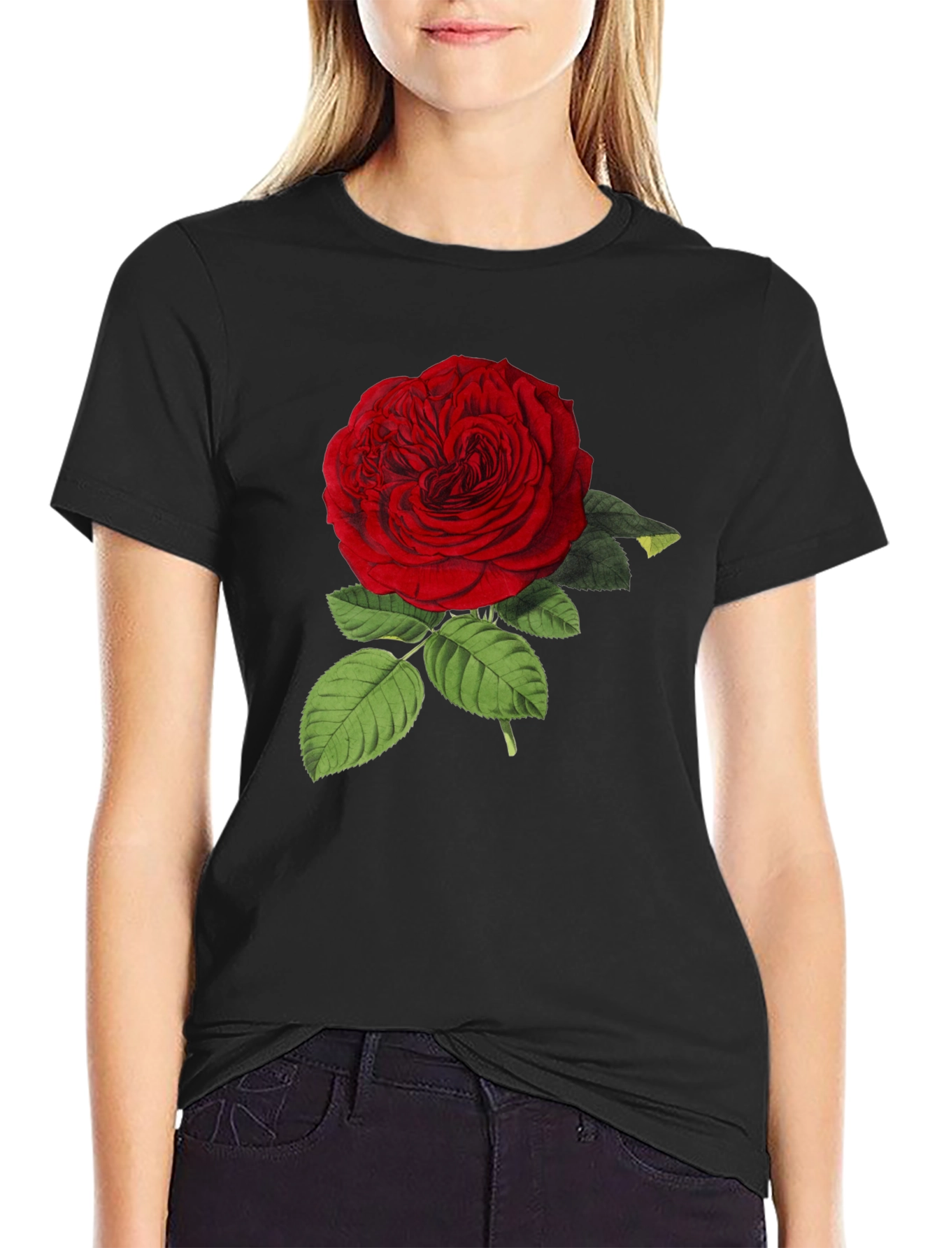 Red Rose Graphic Print Black T-Shirt