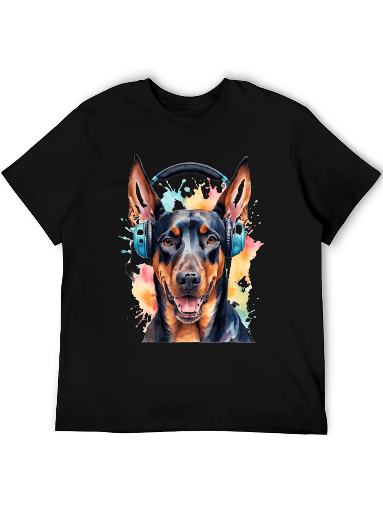 Dog with Headphones Black T-Shirt
