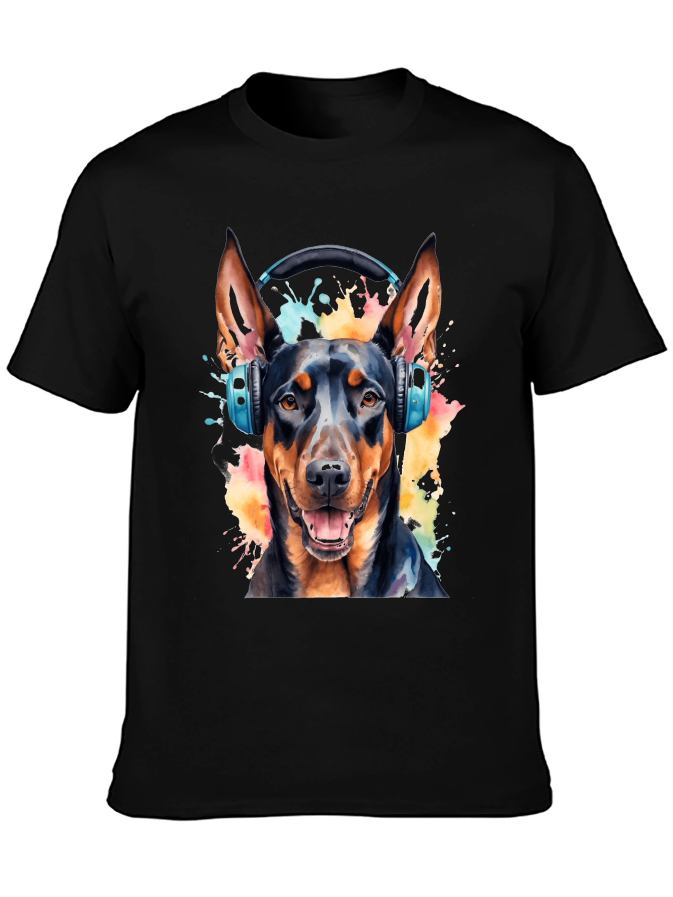 Dog with Headphones Black T-Shirt