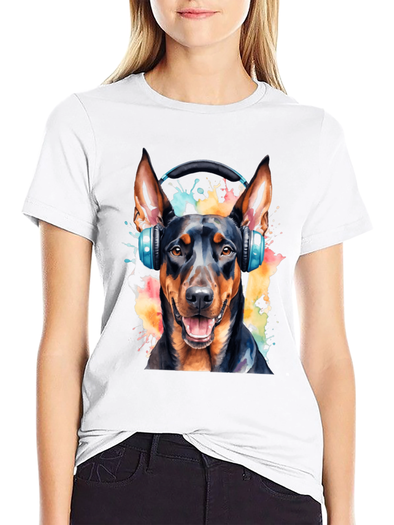 Dog with Headphones Black T-Shirt