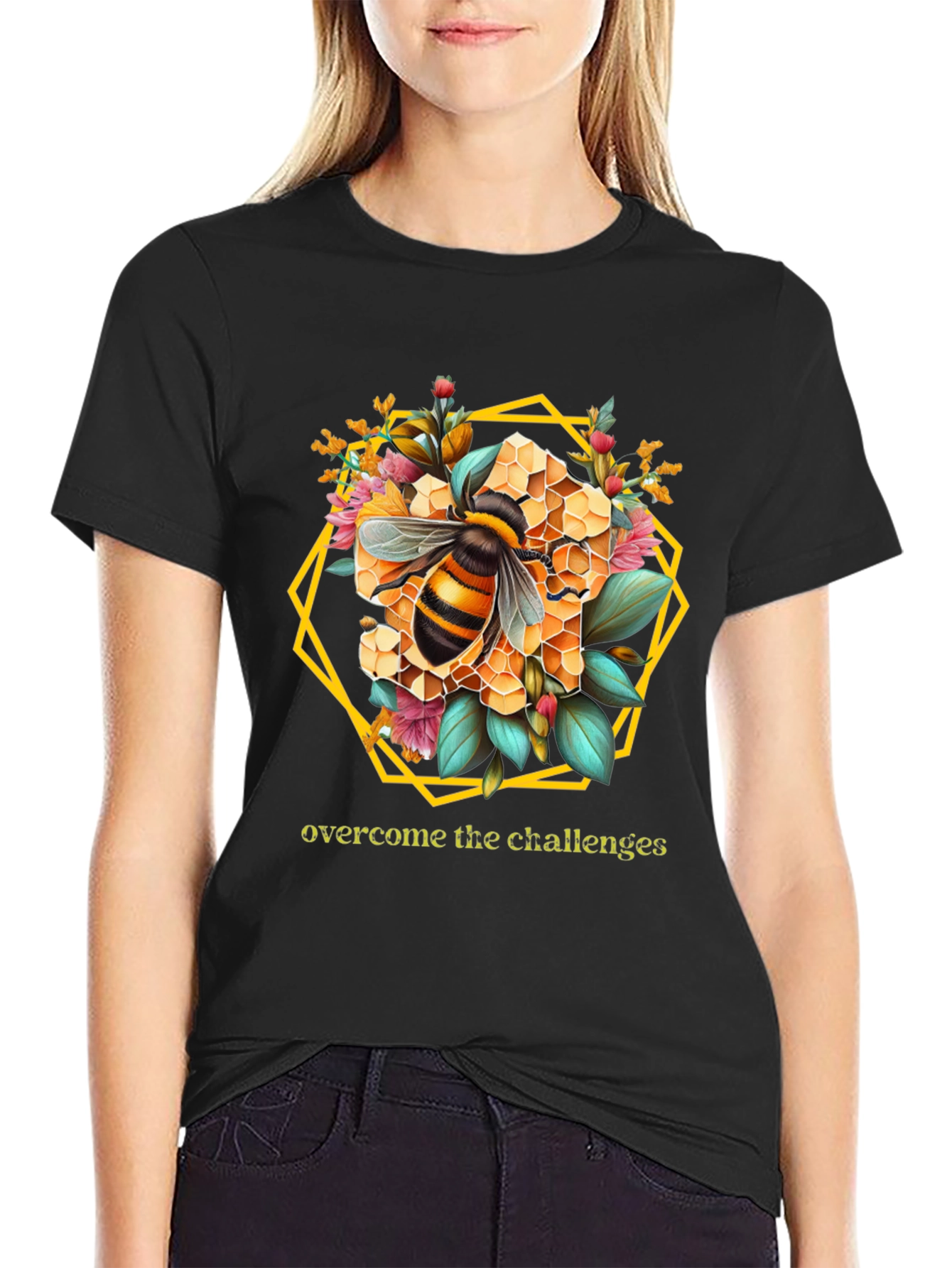 Bee Honeycomb Floral Graphic Tee - Overcome Challenges