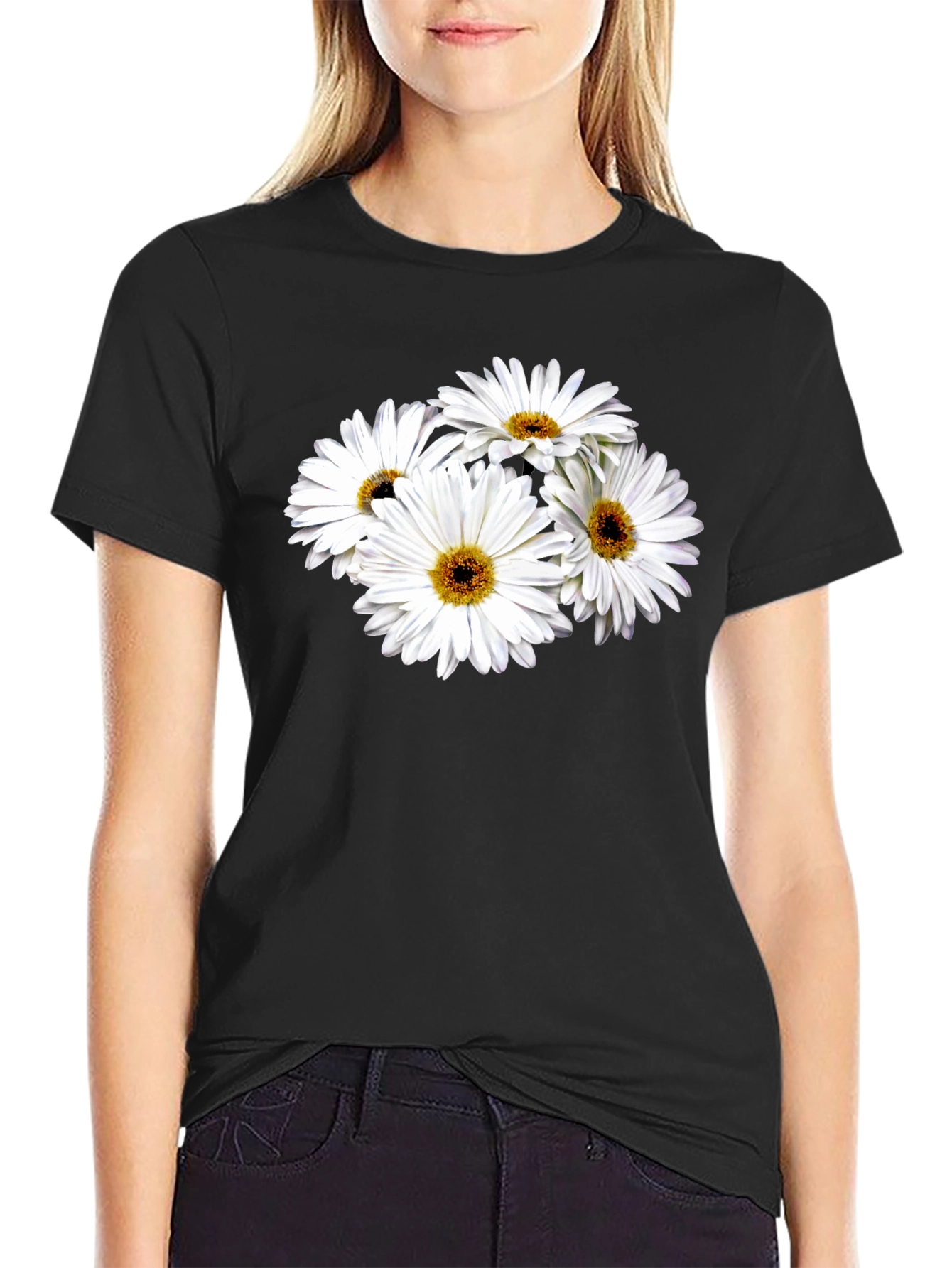 Daisy Flower Graphic Black T-Shirt