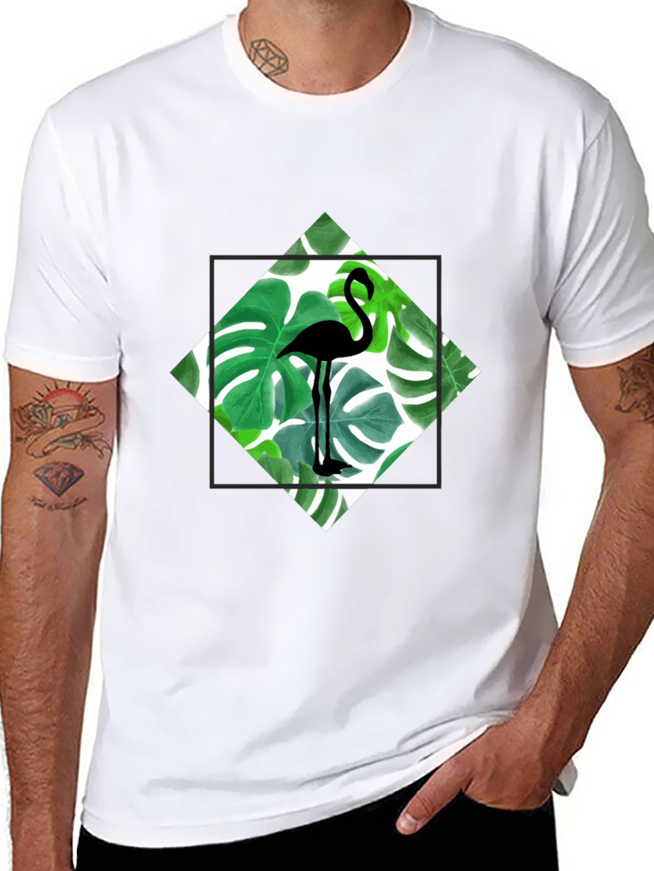 Tropical Flamingo Tee - Black Cotton Graphic T-Shirt