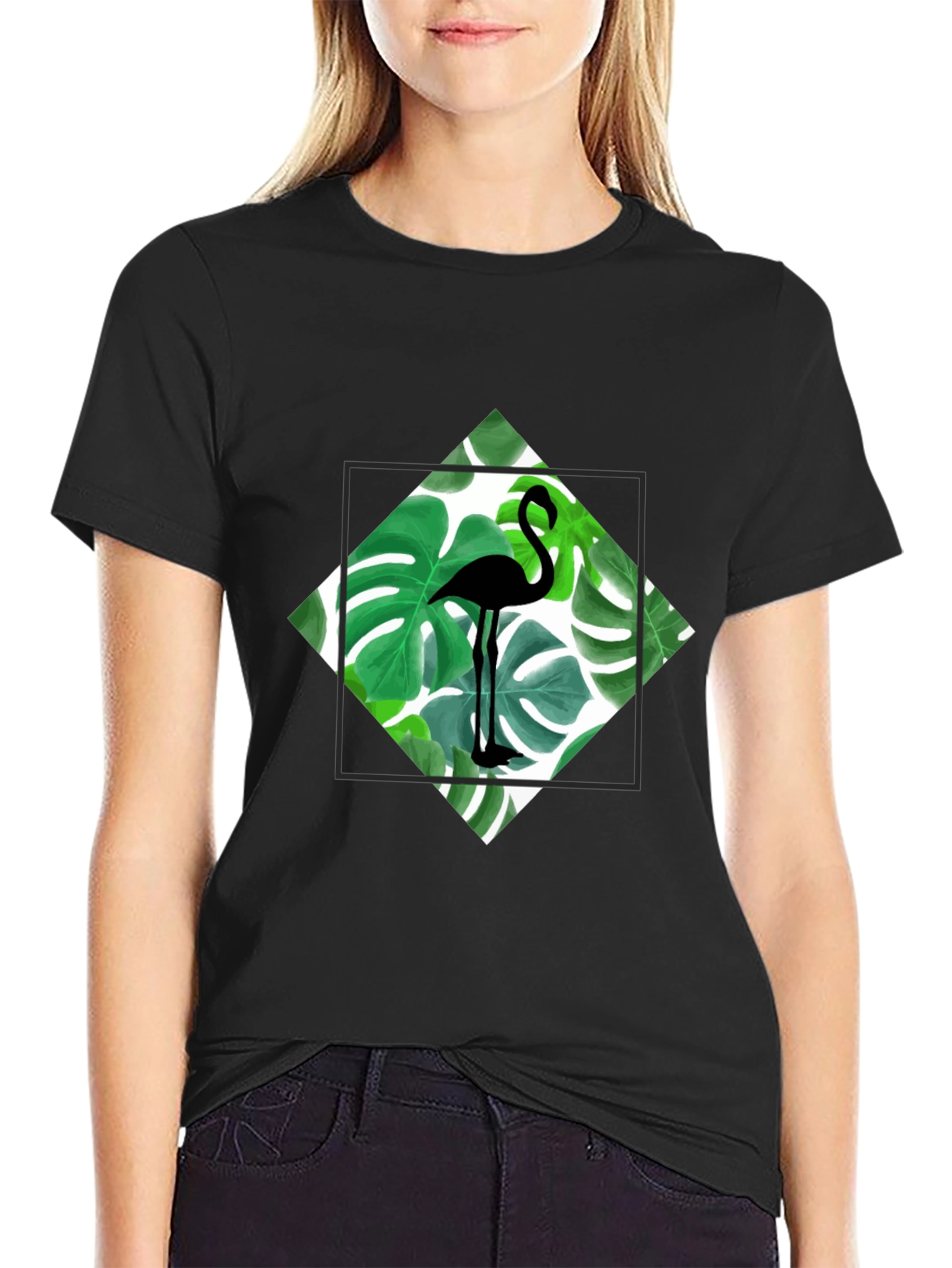 Tropical Flamingo Tee - Black Cotton Graphic T-Shirt