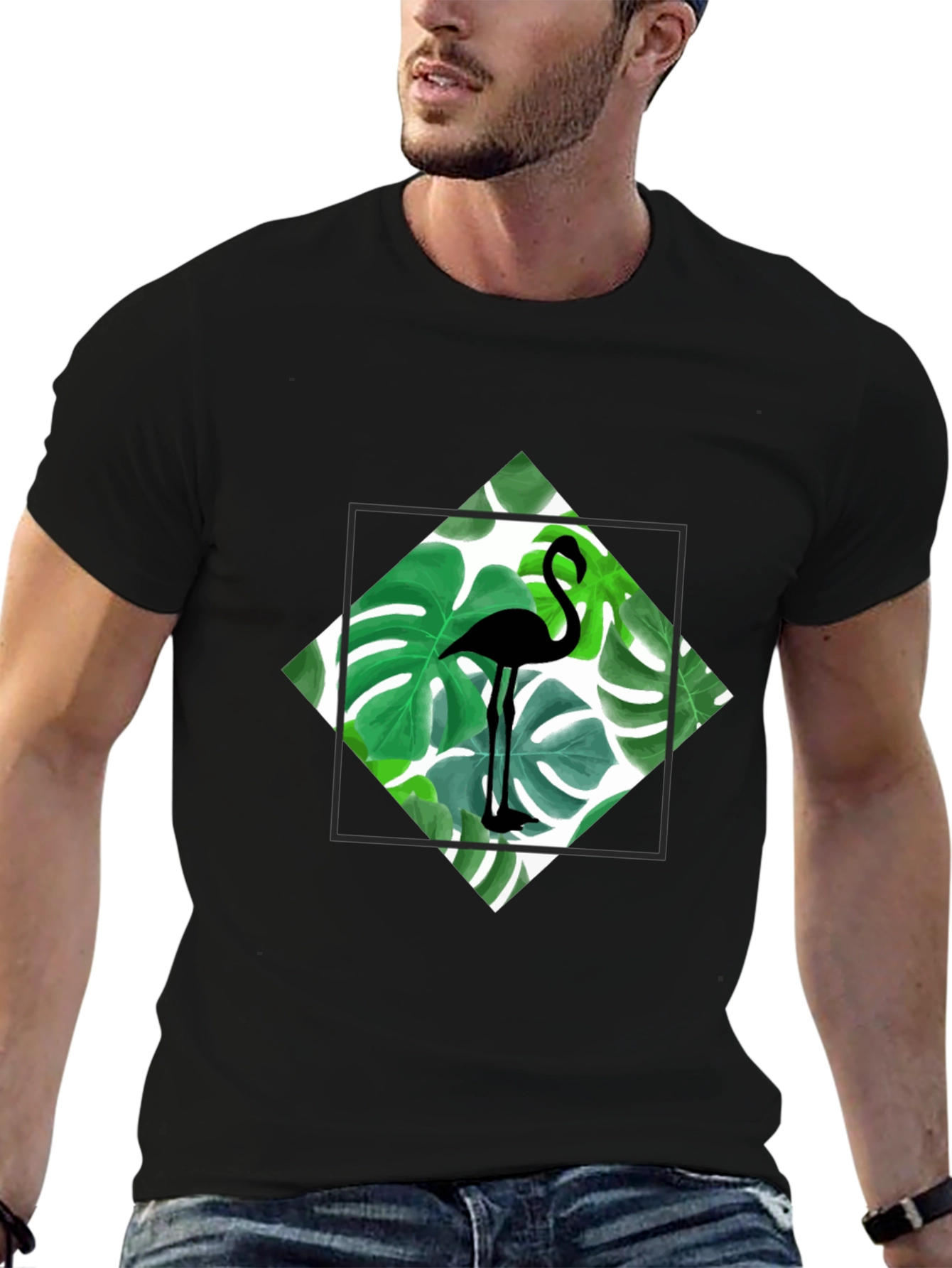 Tropical Flamingo Tee - Black Cotton Graphic T-Shirt