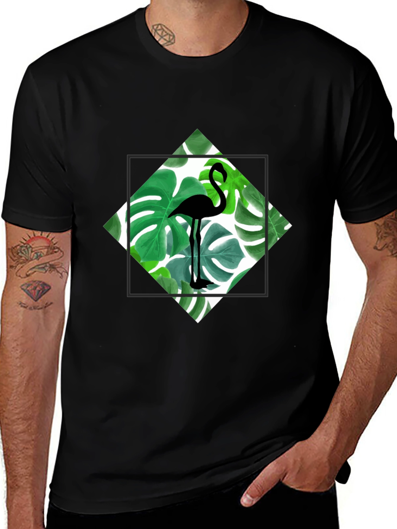 Tropical Flamingo Tee - Black Cotton Graphic T-Shirt