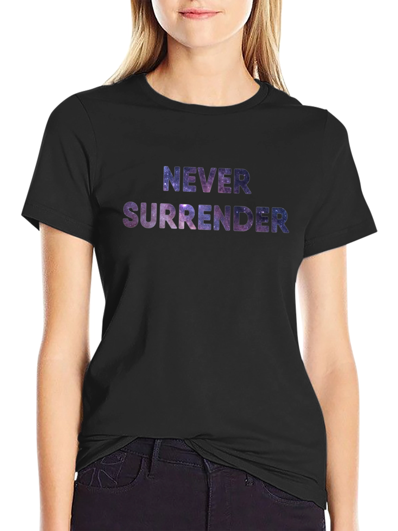 Never Surrender Galaxy Print Black T-Shirt