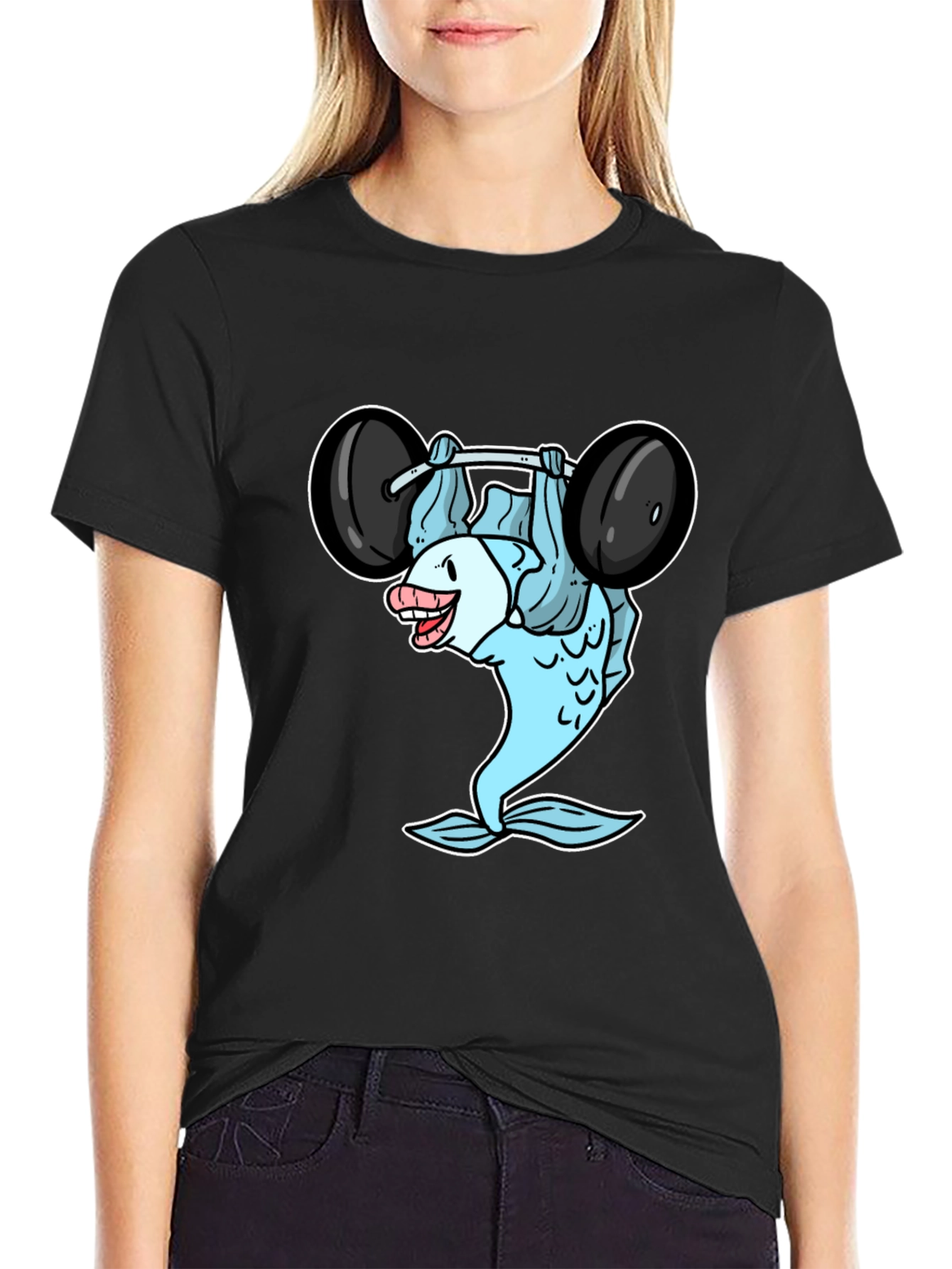Funny Fish Lifting Weights Graphic T-Shirt