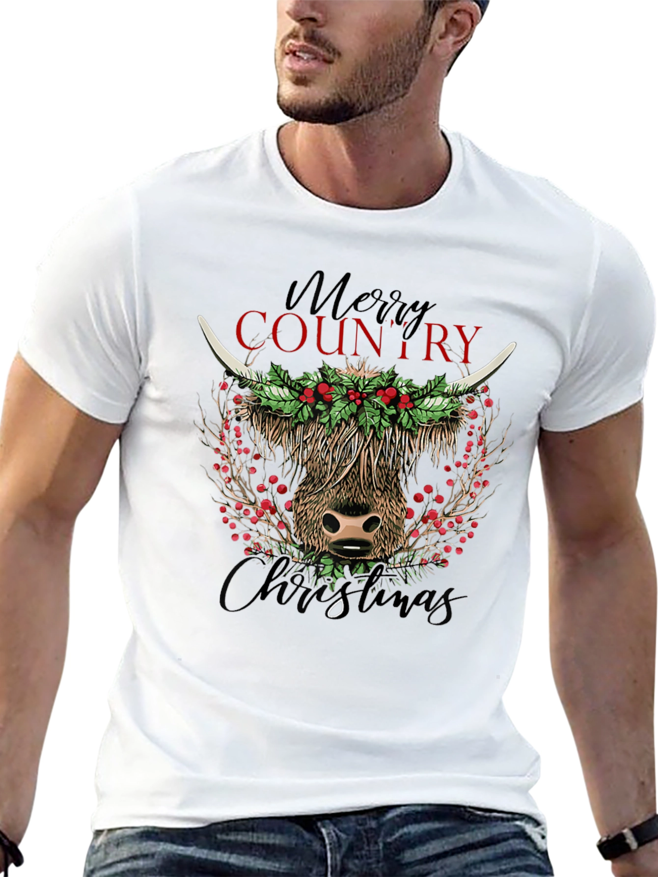 Merry Country Christmas Cow Graphic Tee