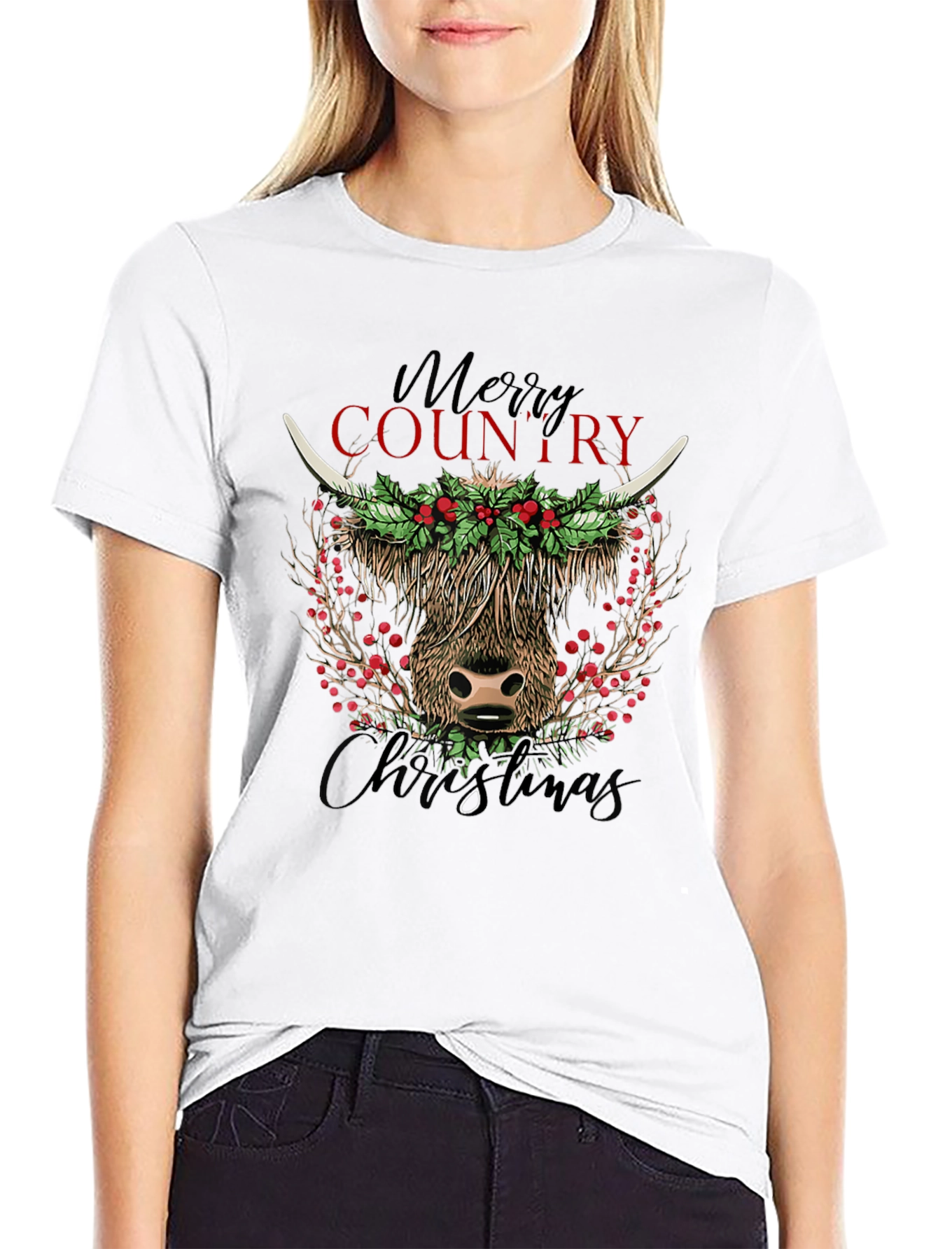 Merry Country Christmas Cow Graphic Tee