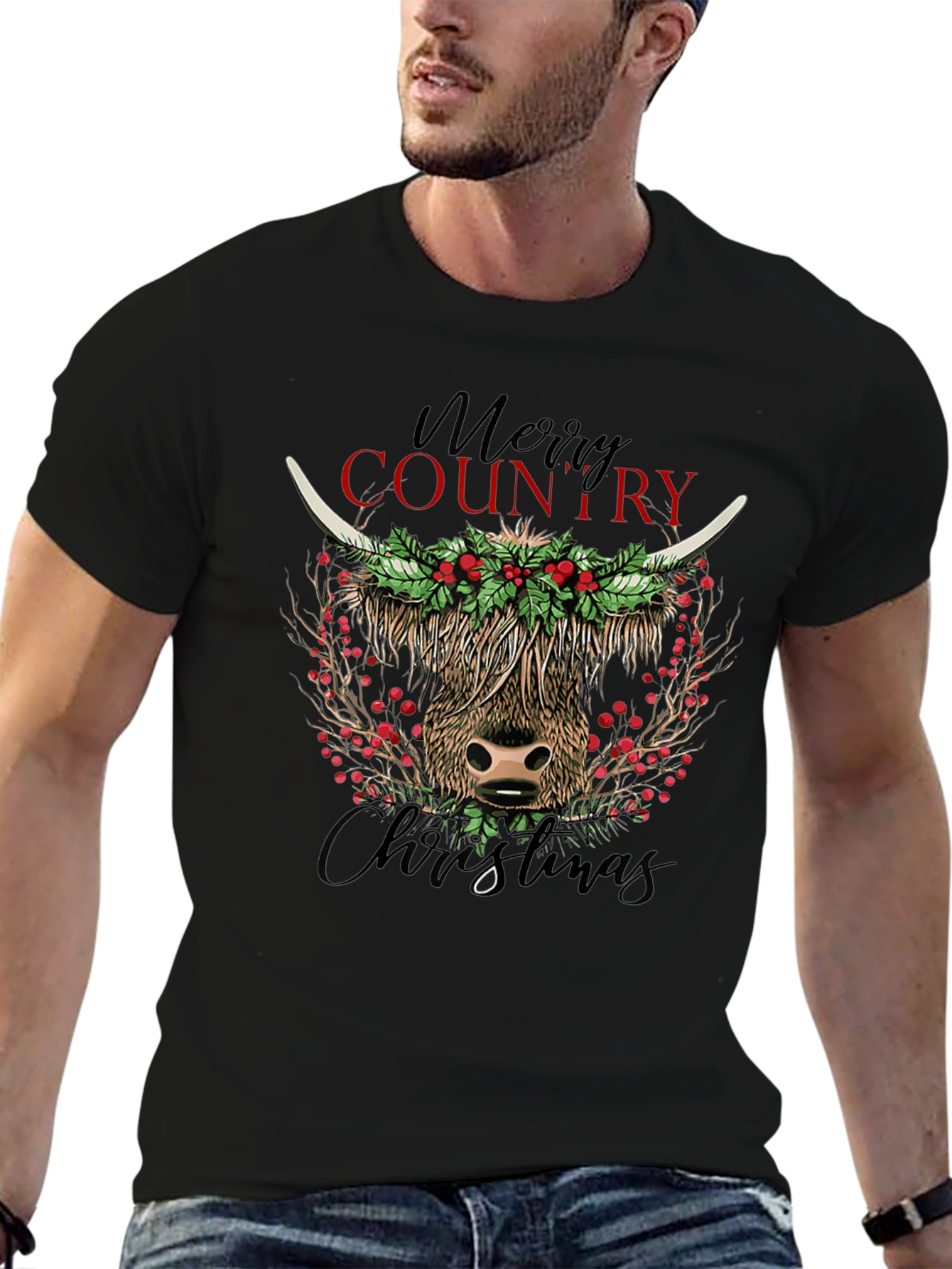 Merry Country Christmas Cow Graphic Tee