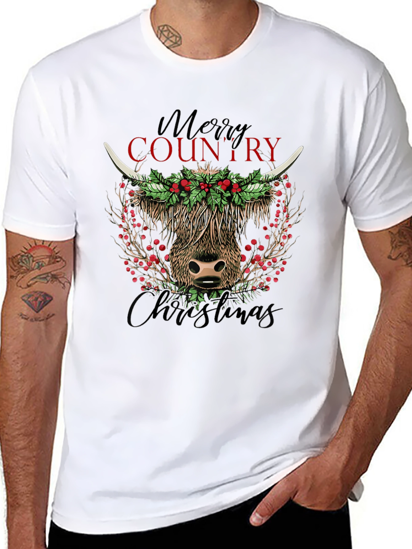 Merry Country Christmas Cow Graphic Tee