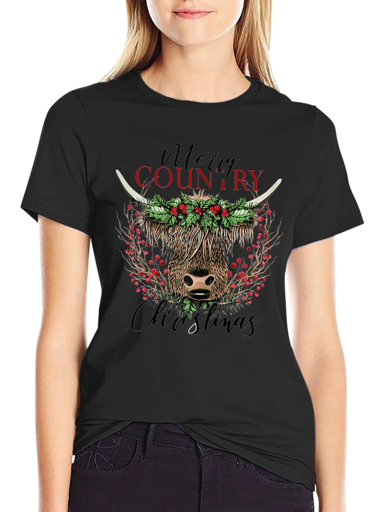 Merry Country Christmas Cow Graphic Tee
