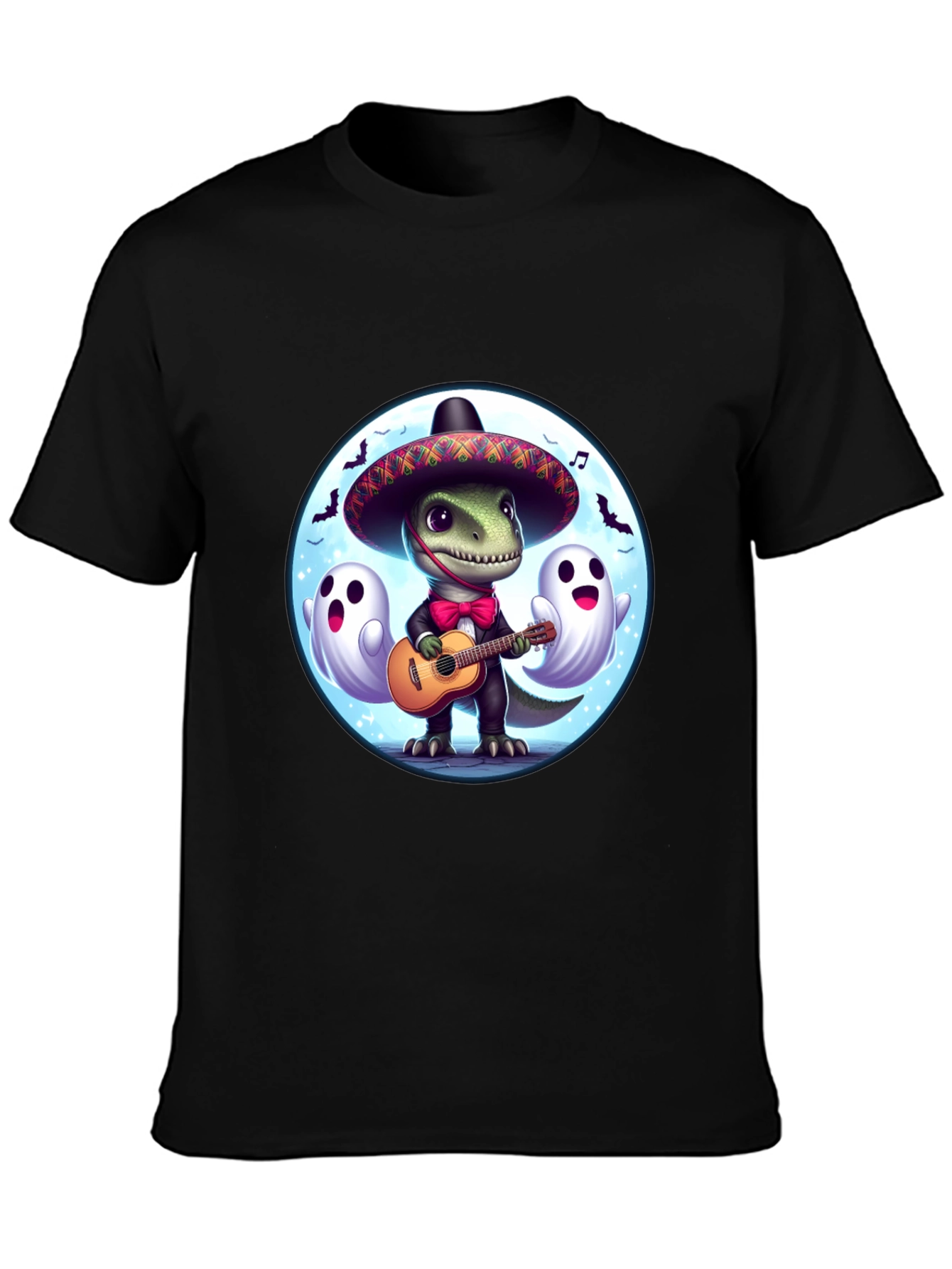 Dino Fiesta T-Shirt: Guitar Playing Dinosaur with Ghosts