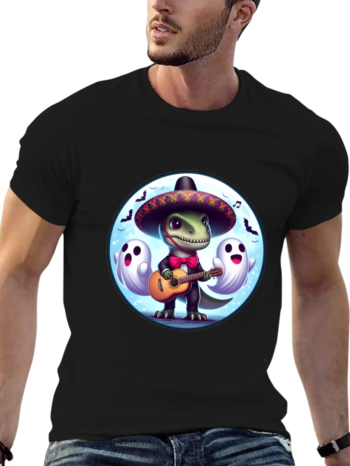 Dino Fiesta T-Shirt: Guitar Playing Dinosaur with Ghosts