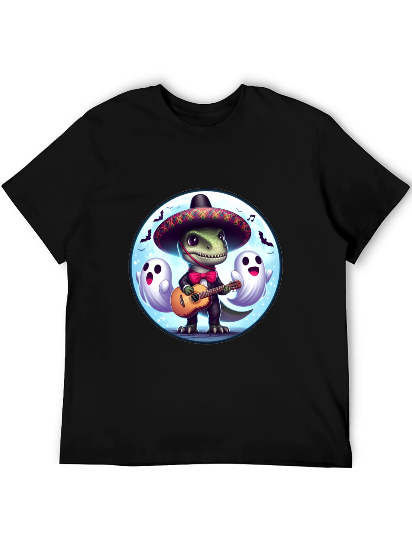 Dino Fiesta T-Shirt: Guitar Playing Dinosaur with Ghosts