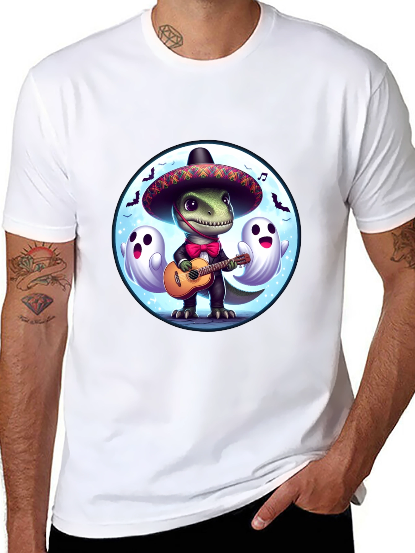 Dino Fiesta T-Shirt: Guitar Playing Dinosaur with Ghosts