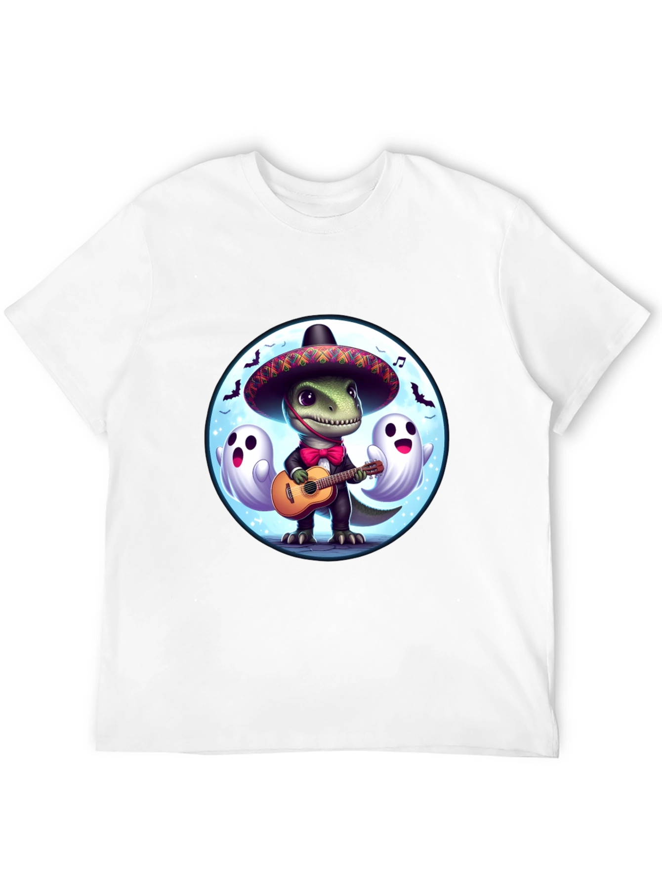 Dino Fiesta T-Shirt: Guitar Playing Dinosaur with Ghosts