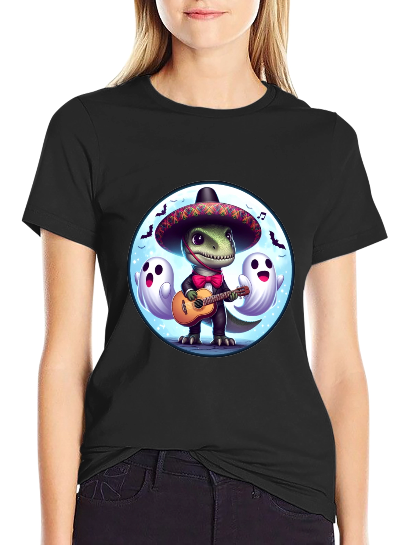 Dino Fiesta T-Shirt: Guitar Playing Dinosaur with Ghosts