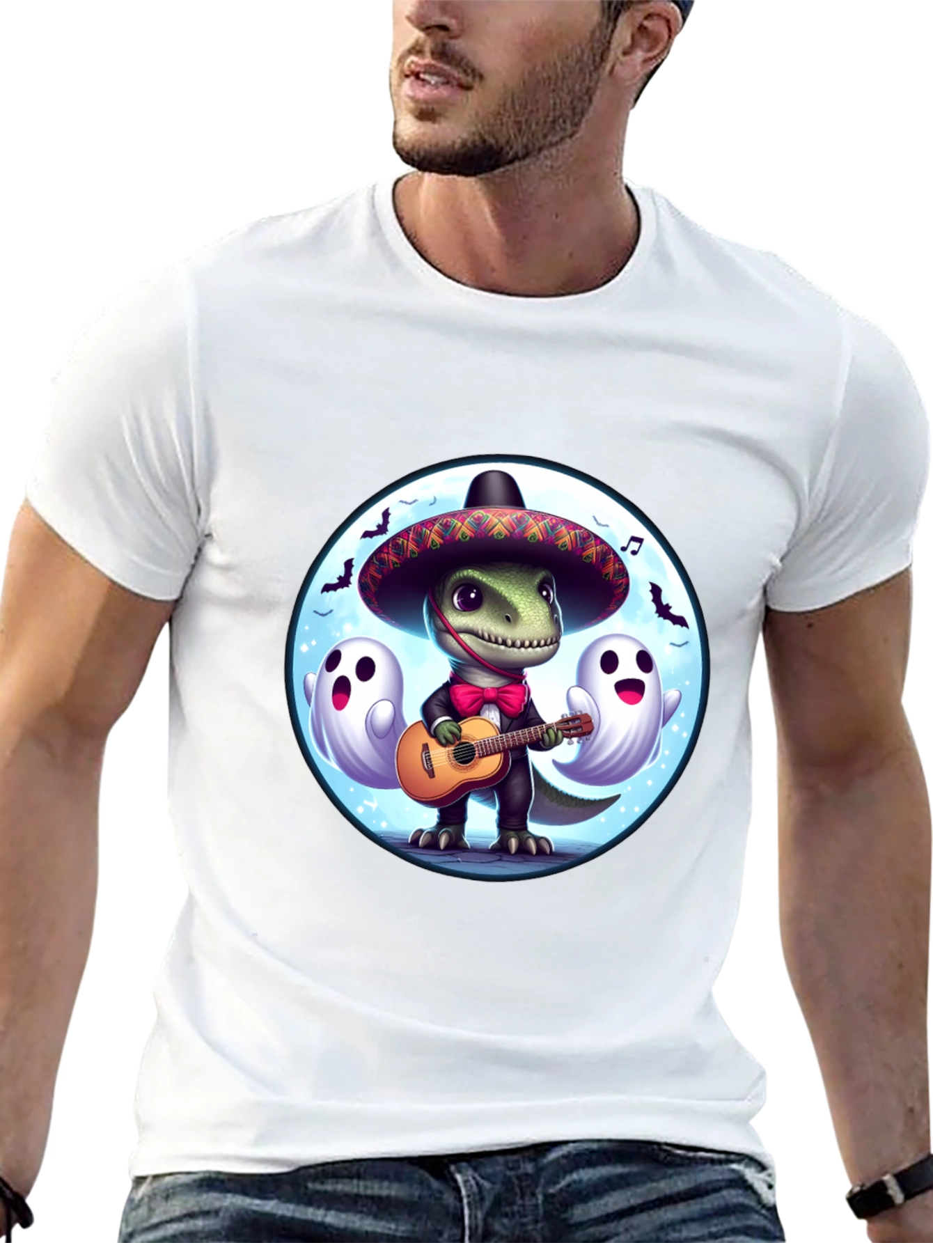 Dino Fiesta T-Shirt: Guitar Playing Dinosaur with Ghosts