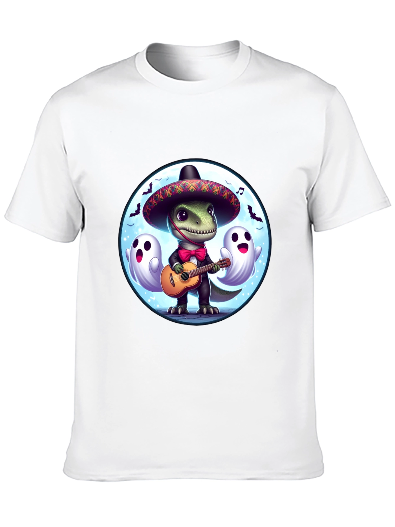Dino Fiesta T-Shirt: Guitar Playing Dinosaur with Ghosts