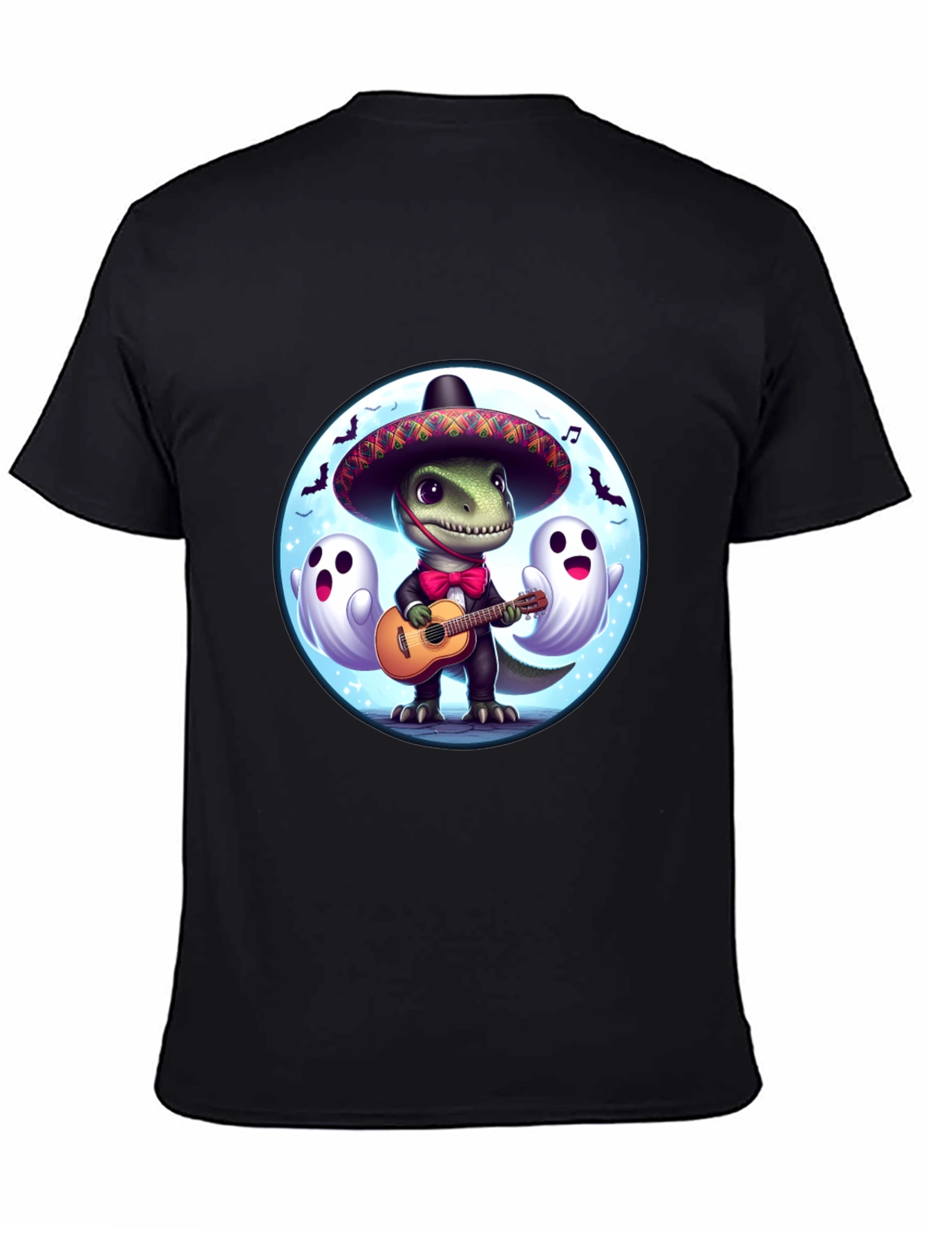 Dino Fiesta T-Shirt: Guitar Playing Dinosaur with Ghosts