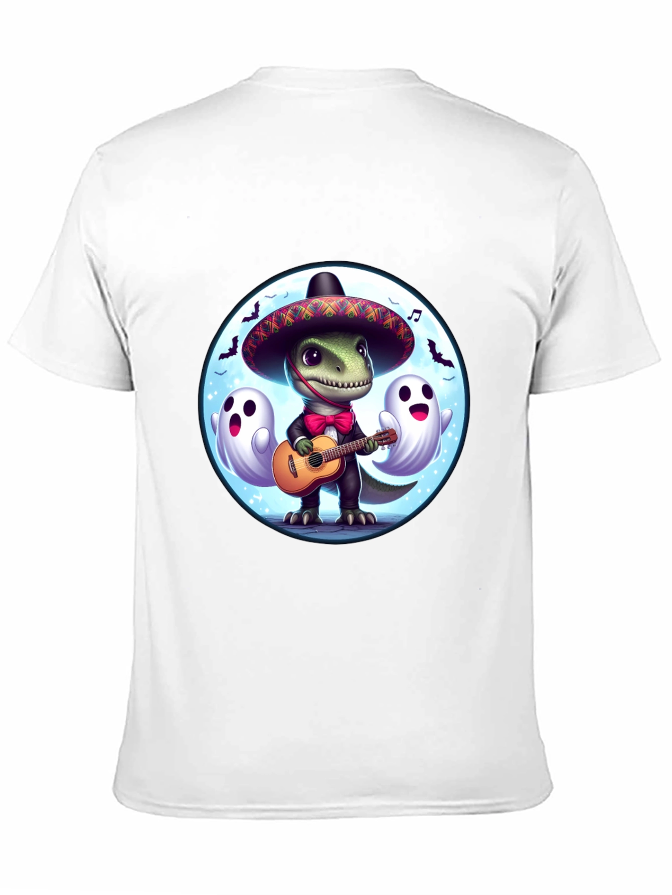 Dino Fiesta T-Shirt: Guitar Playing Dinosaur with Ghosts