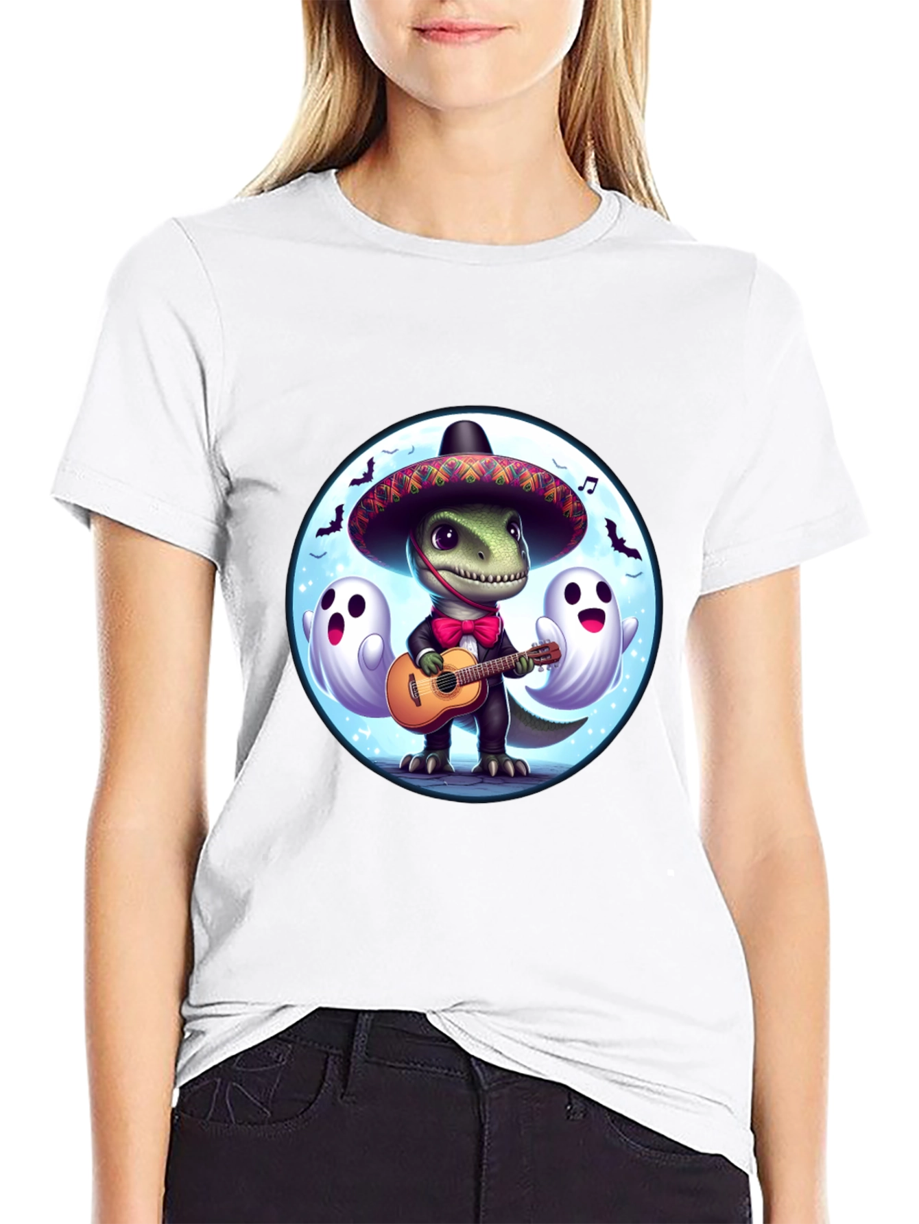 Dino Fiesta T-Shirt: Guitar Playing Dinosaur with Ghosts