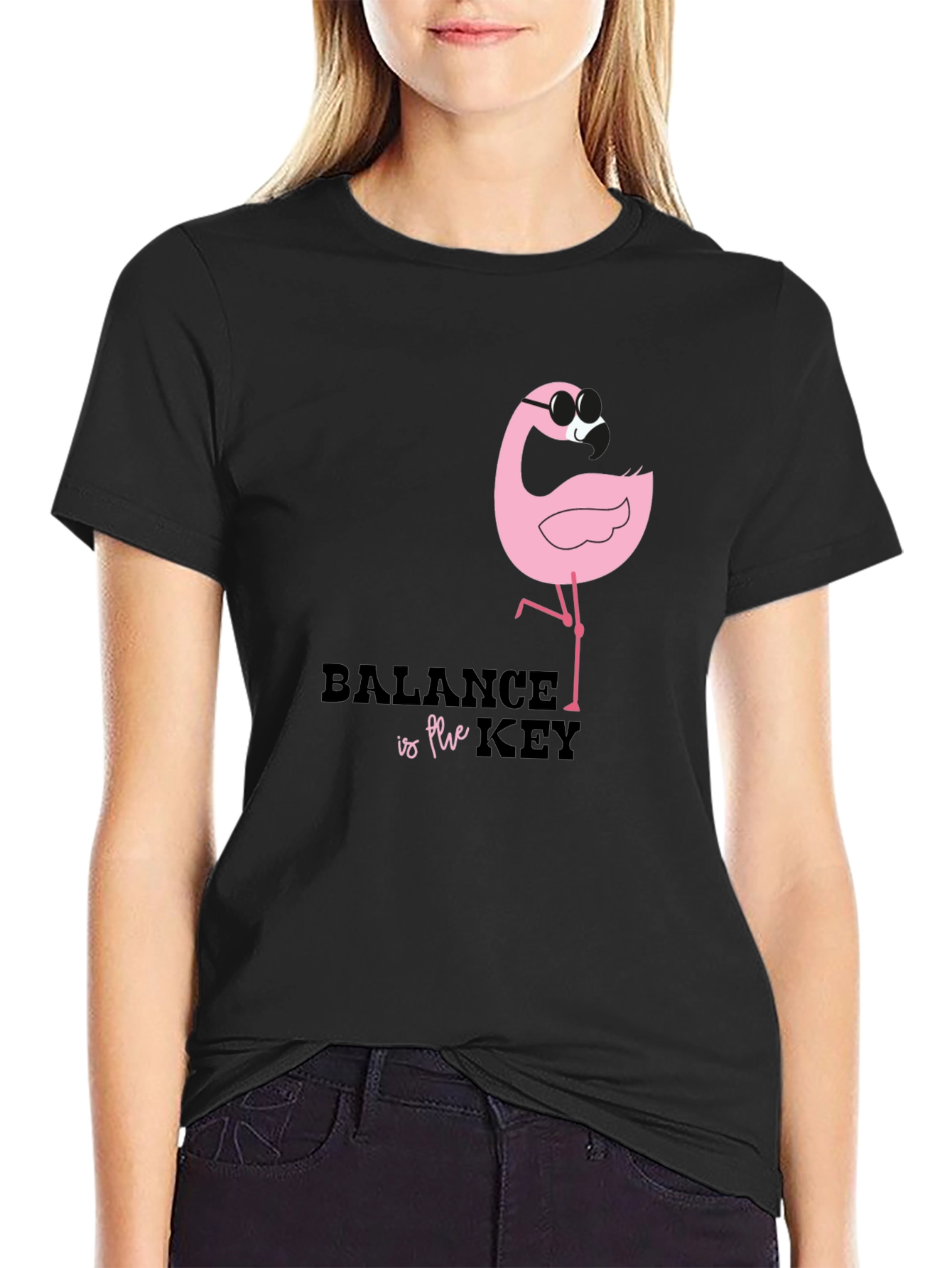 Balance is Key Flamingo Black Graphic Tee