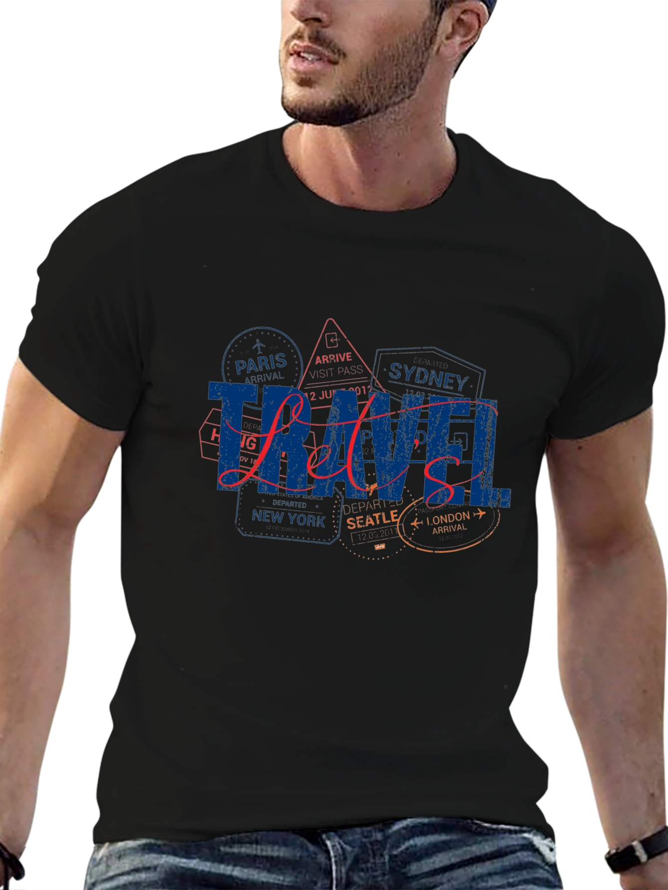 Travel-Themed Black T-Shirt