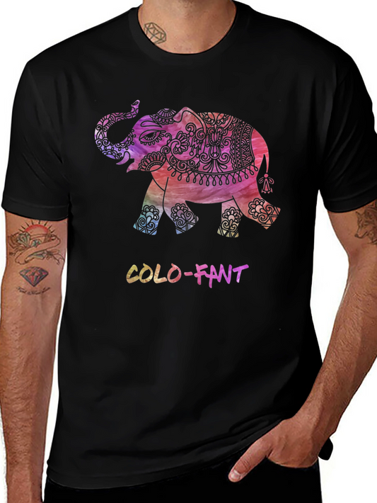 Colorful Elephant Graphic Print Black T-Shirt