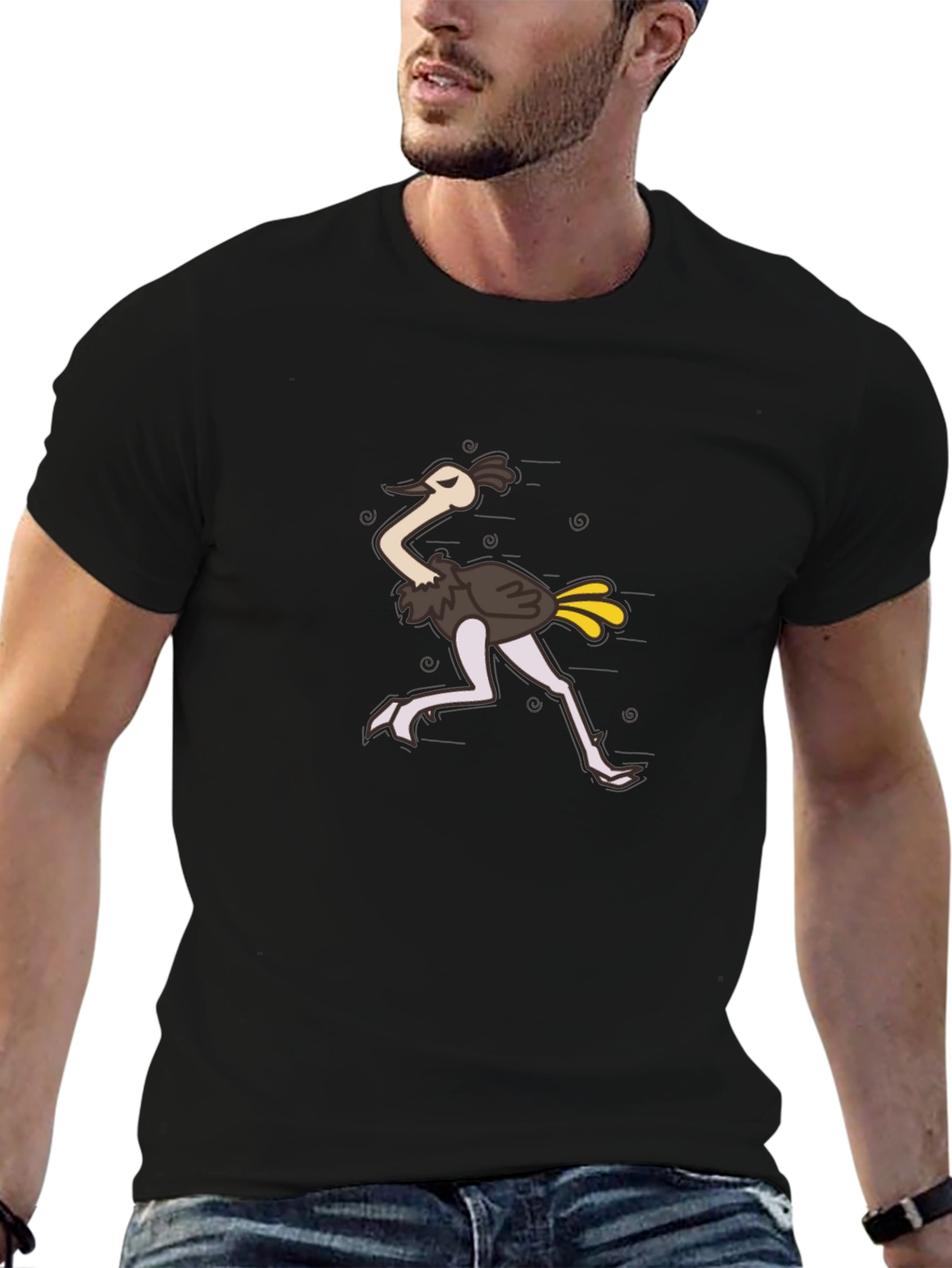 Funny Ostrich Cartoon Black T-Shirt