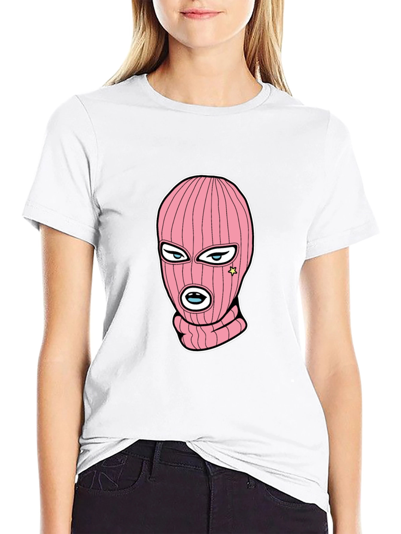 Black Tee with Pink Ski Mask Graphic