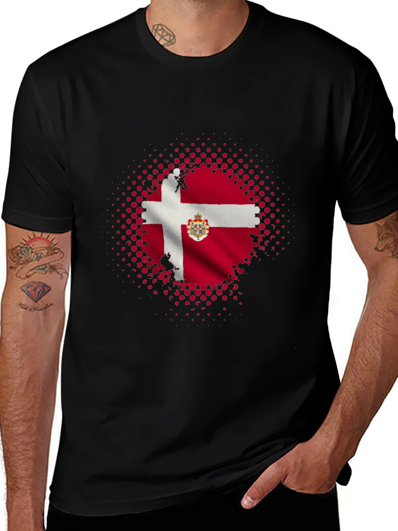 Danish Flag Graphic Tee - Black Cotton Blend Shirt