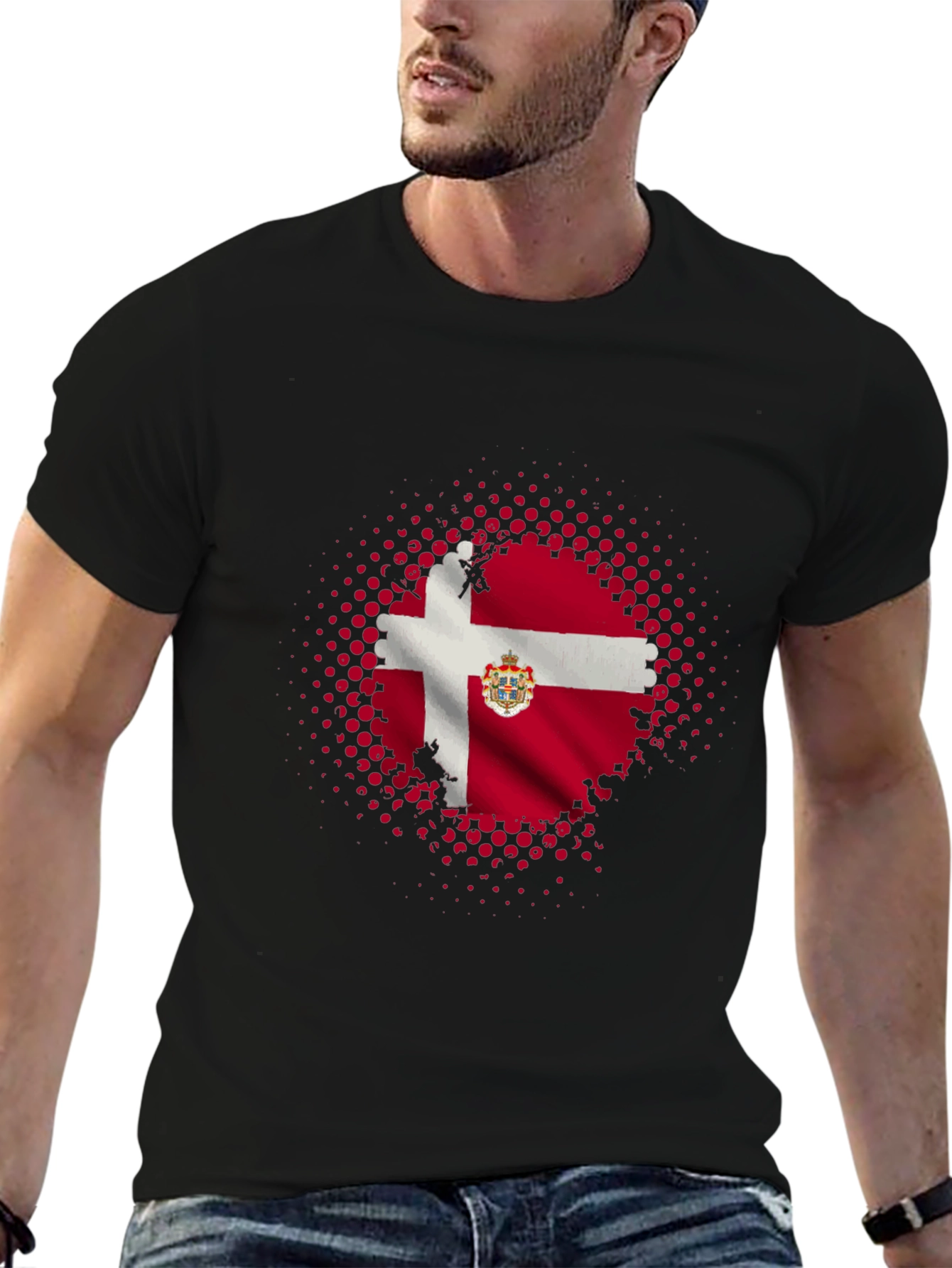 Danish Flag Graphic Tee - Black Cotton Blend Shirt
