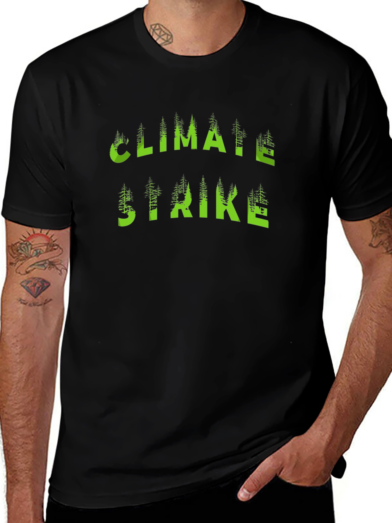 Climate Strike T-Shirt Black with Green Tree Lettering