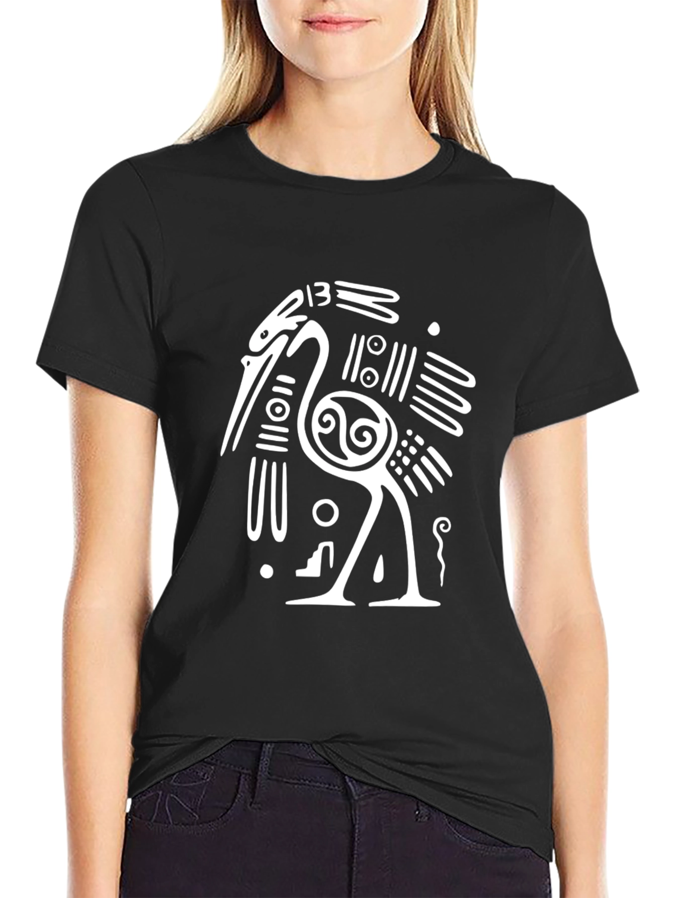 Black T-Shirt with White Crane Design