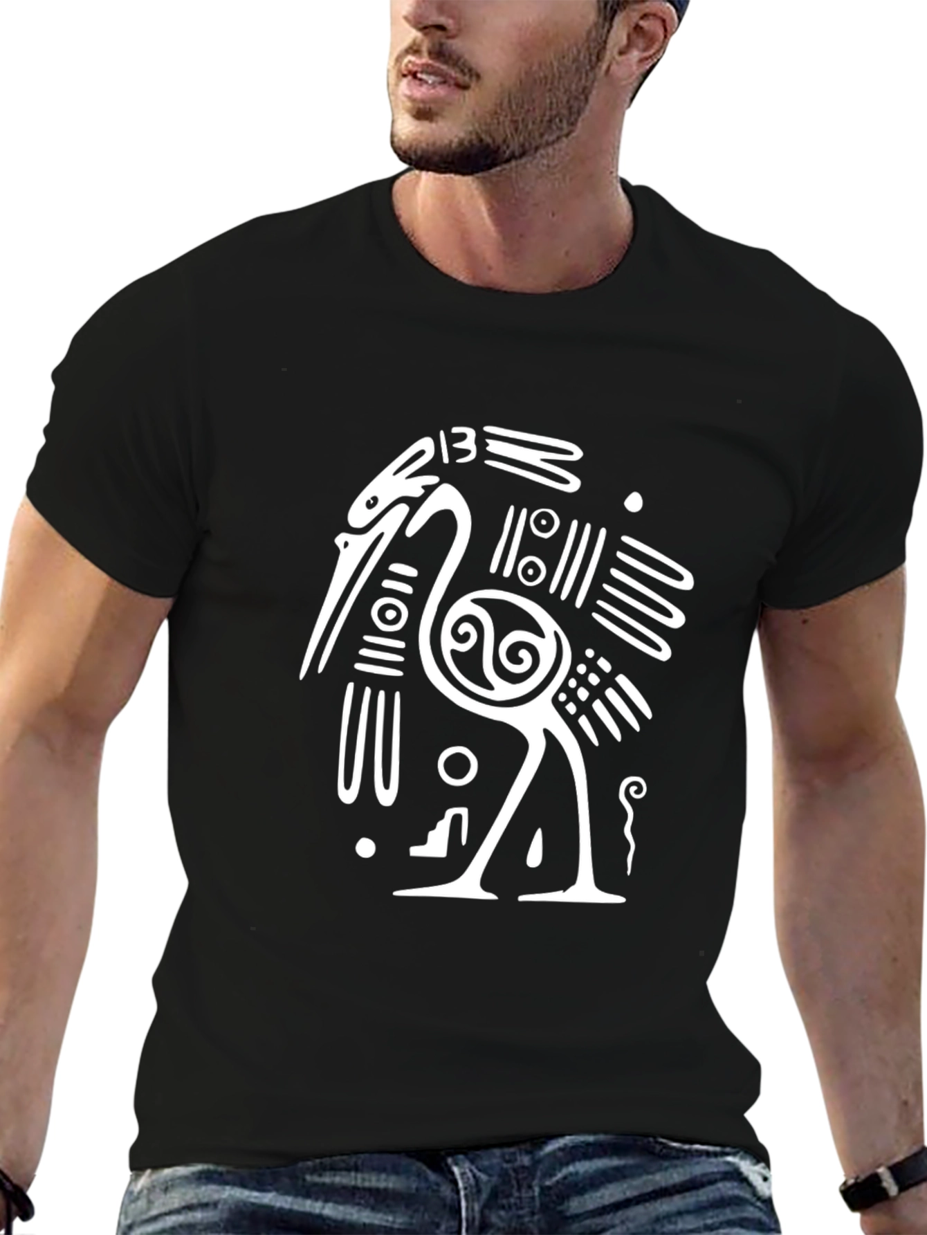 Black T-Shirt with White Crane Design
