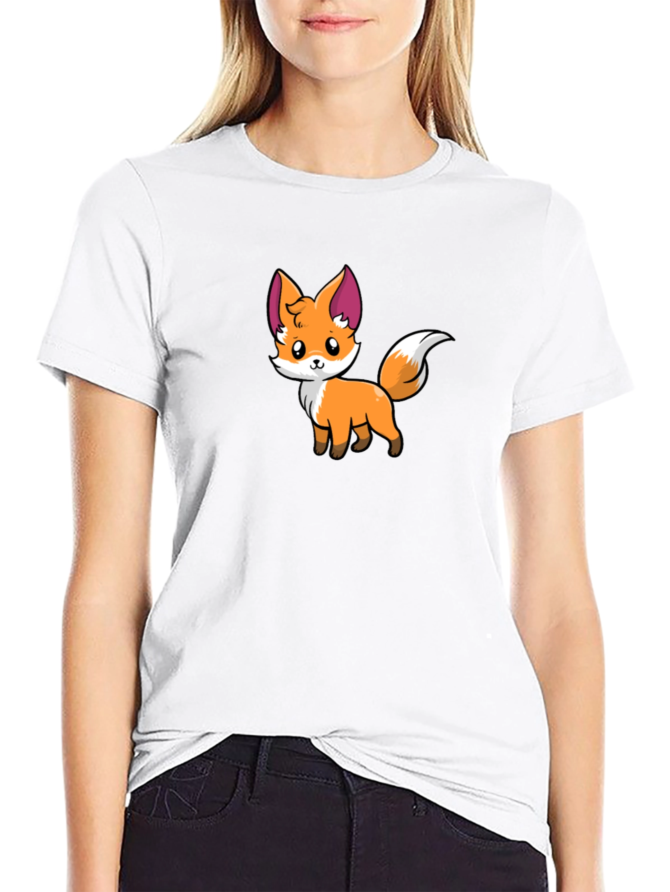 Cute Cartoon Fox Graphic Black T-Shirt