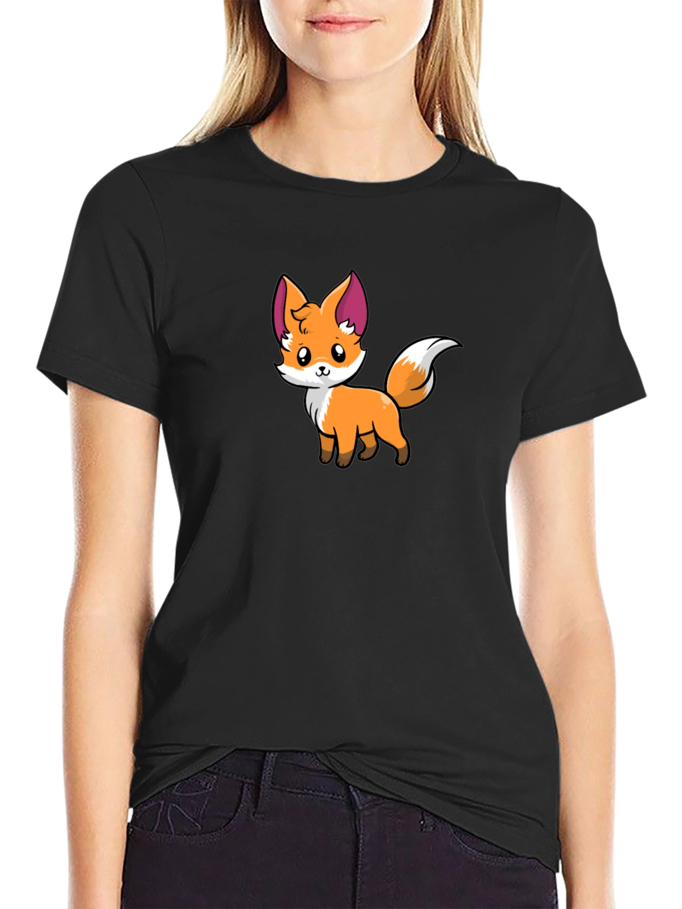 Cute Cartoon Fox Graphic Black T-Shirt