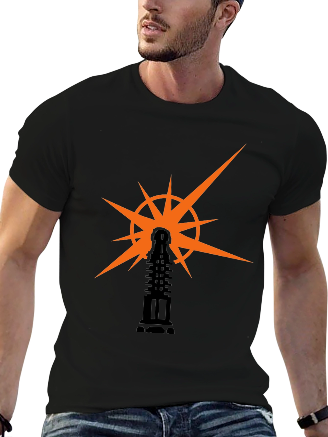 Black T-Shirt with Light Tower Graphic