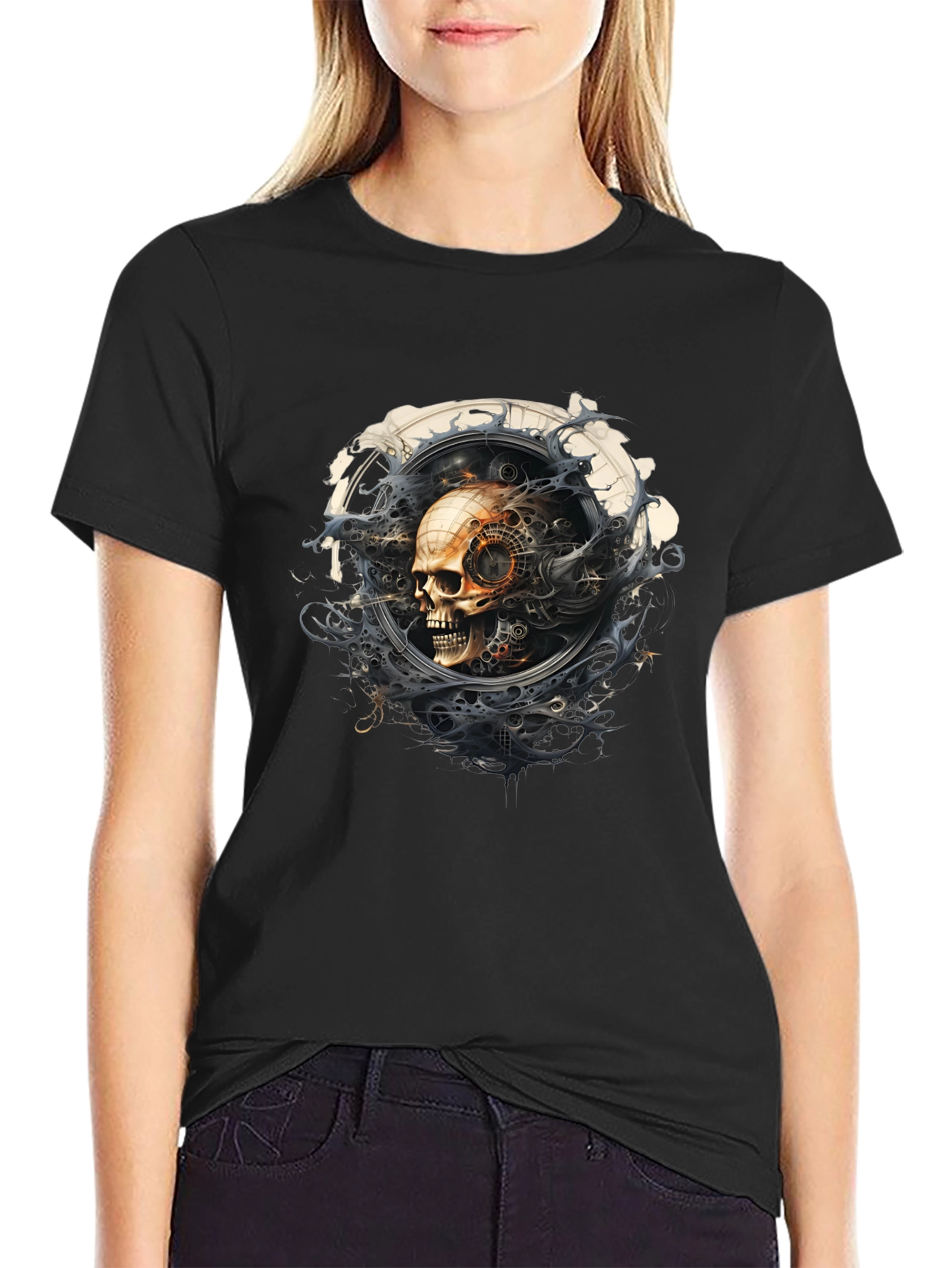 Steampunk Skull Graphic Black T-Shirt